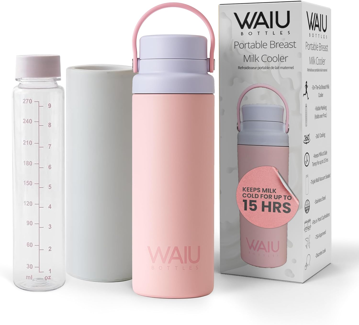 Portable Breast Milk Cooler – Keeps Milk Cold Up to 15 Hours, Triple-Wall Vacuum Insulated Stainless Steel with Storage Bottle & Ice Pack, TSA Approved, Travel-Friendly, 9oz (270ml)