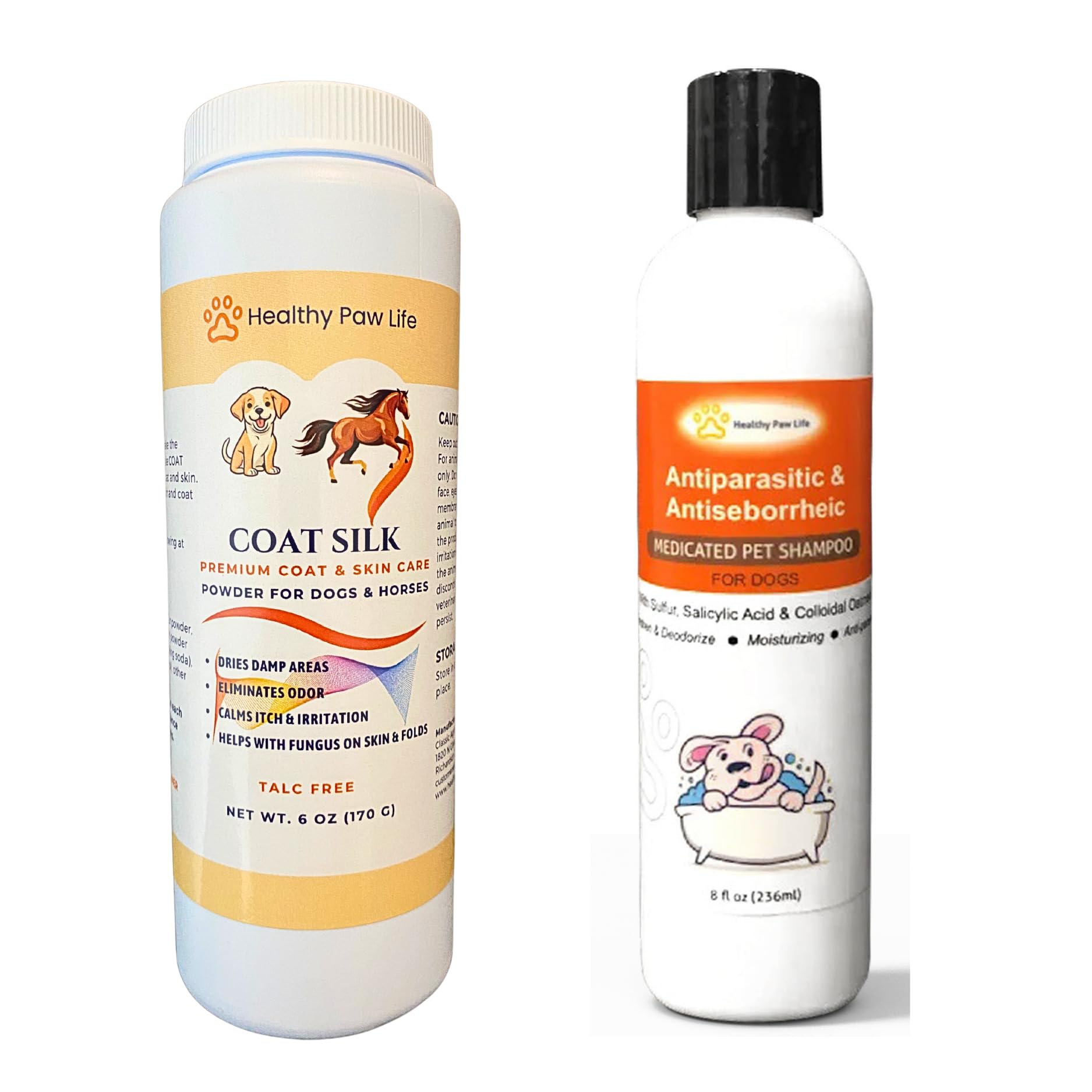 Bundle of Coat Silk Dog Dry Powder to Alleviate Odors and Itchiness (6 oz) and Antiparasitic & Antiseborrheic Dog Shampoo (8 oz)
