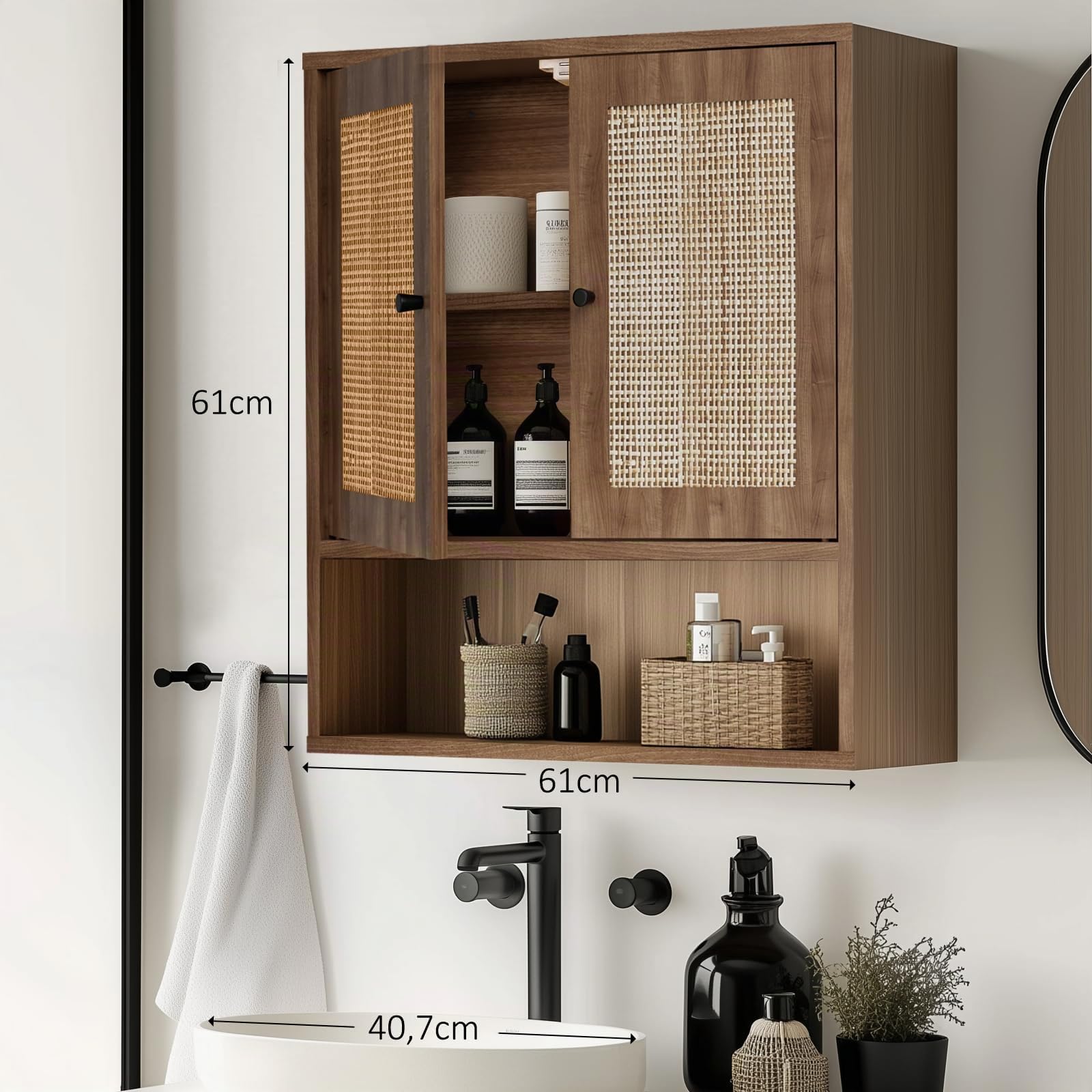 Hängeschrank Bad Badezimmerschrank Wandmontiert, Rattan Hängeschrank mit 2 Türen & offener Ablagekammer, Aufbewahrungsregal über Toilette, Wandregal für Badezimmer Küche Wohnzimmer Waschküche, Walnuss