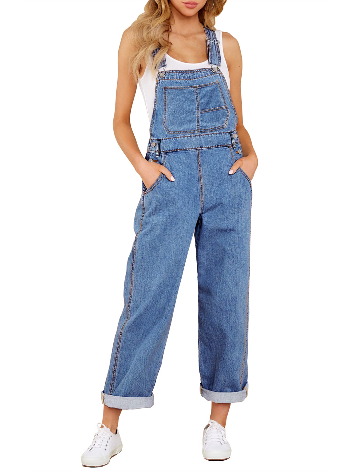Roskiky Salopette en jean pour femme - Coupe ample - Coupe ample - Coupe droite - Jambes larges - Stretch - Mode