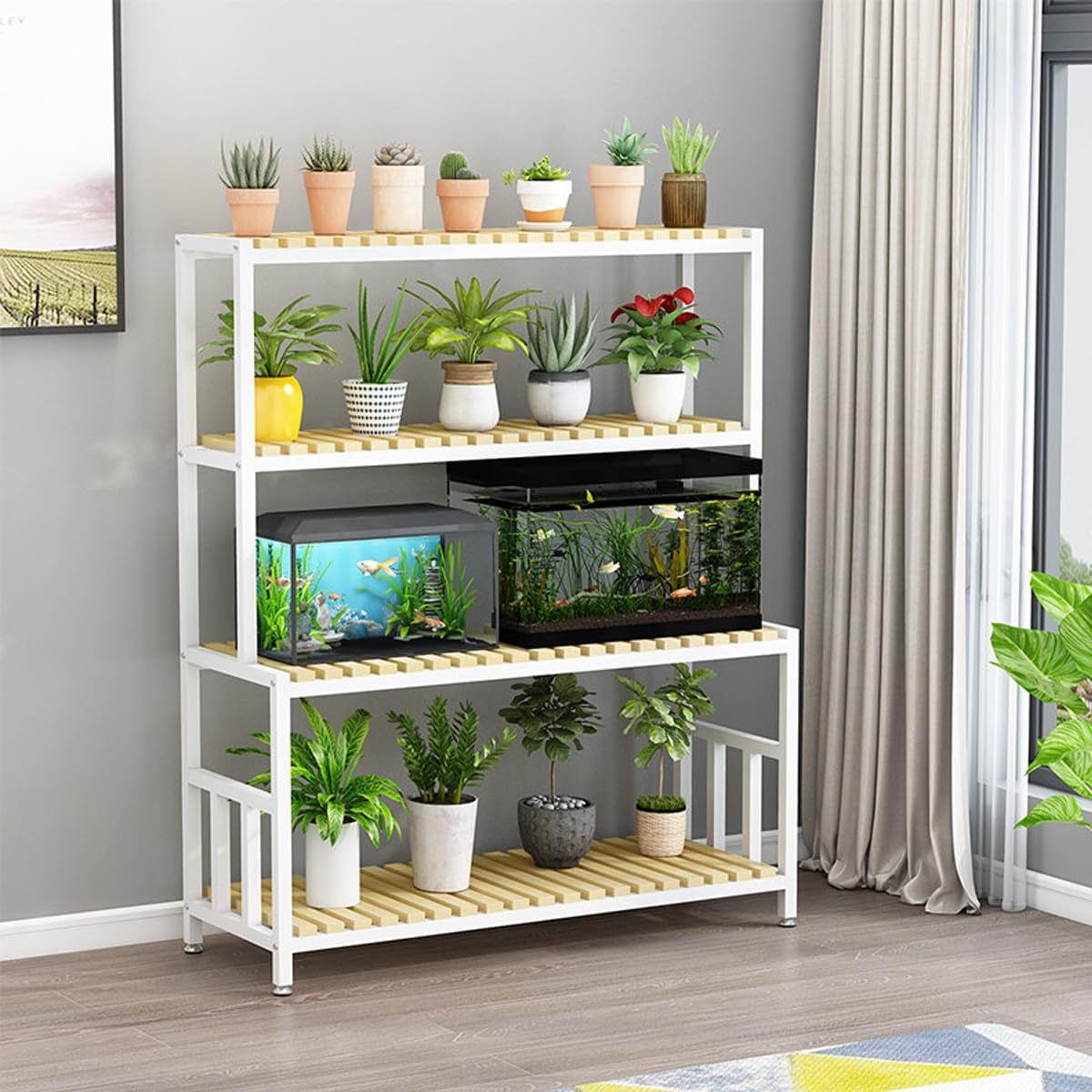 Supporto Acquario Verticale Stile Rustico 4 Ripiani Con Scaffali Aperti | Supporto Verticale Per Acquario Con Contenitore Quattro Ripiani Aperti Rustico(White,120cm/47.2in)