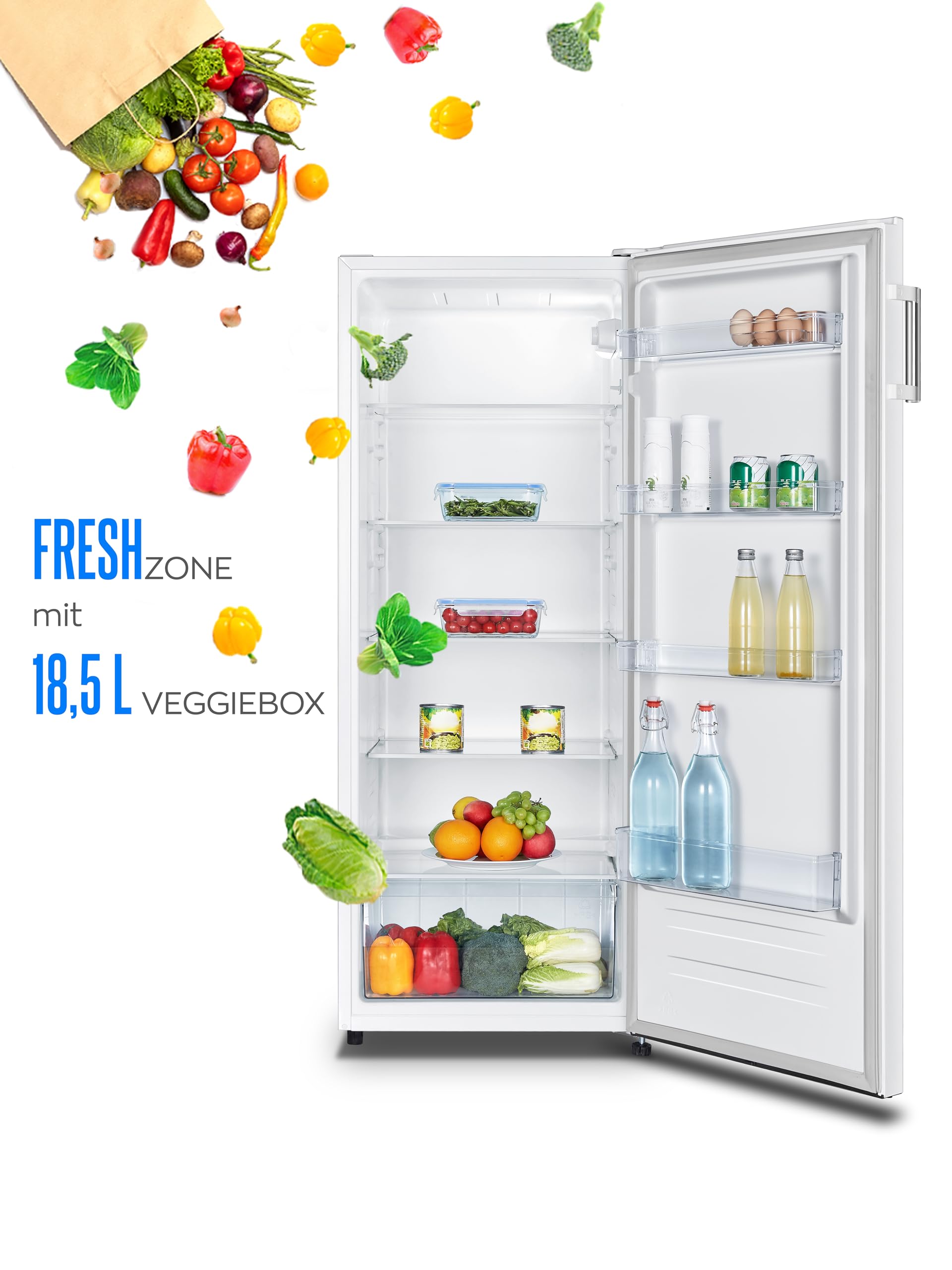 Heinrich´s freistehender Kühlschrank 242L, Standkühlschrank mit LED-Beleuchtung, 5 Glasablagen, Türanschlag wechselbar, leise 40dB, weiß