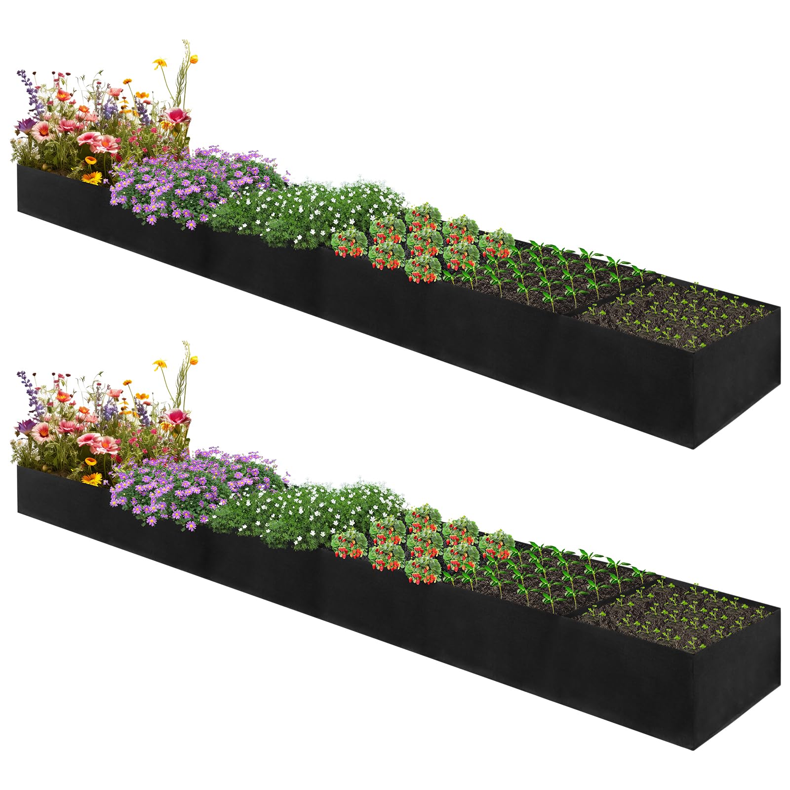 VZZNN Lot de 2 parterres de jardin surélevés en tissu non tissé de 3,7 x 0,6 x 0,3 m – 6 grilles pour cultiver des herbes, des fleurs et des légumes