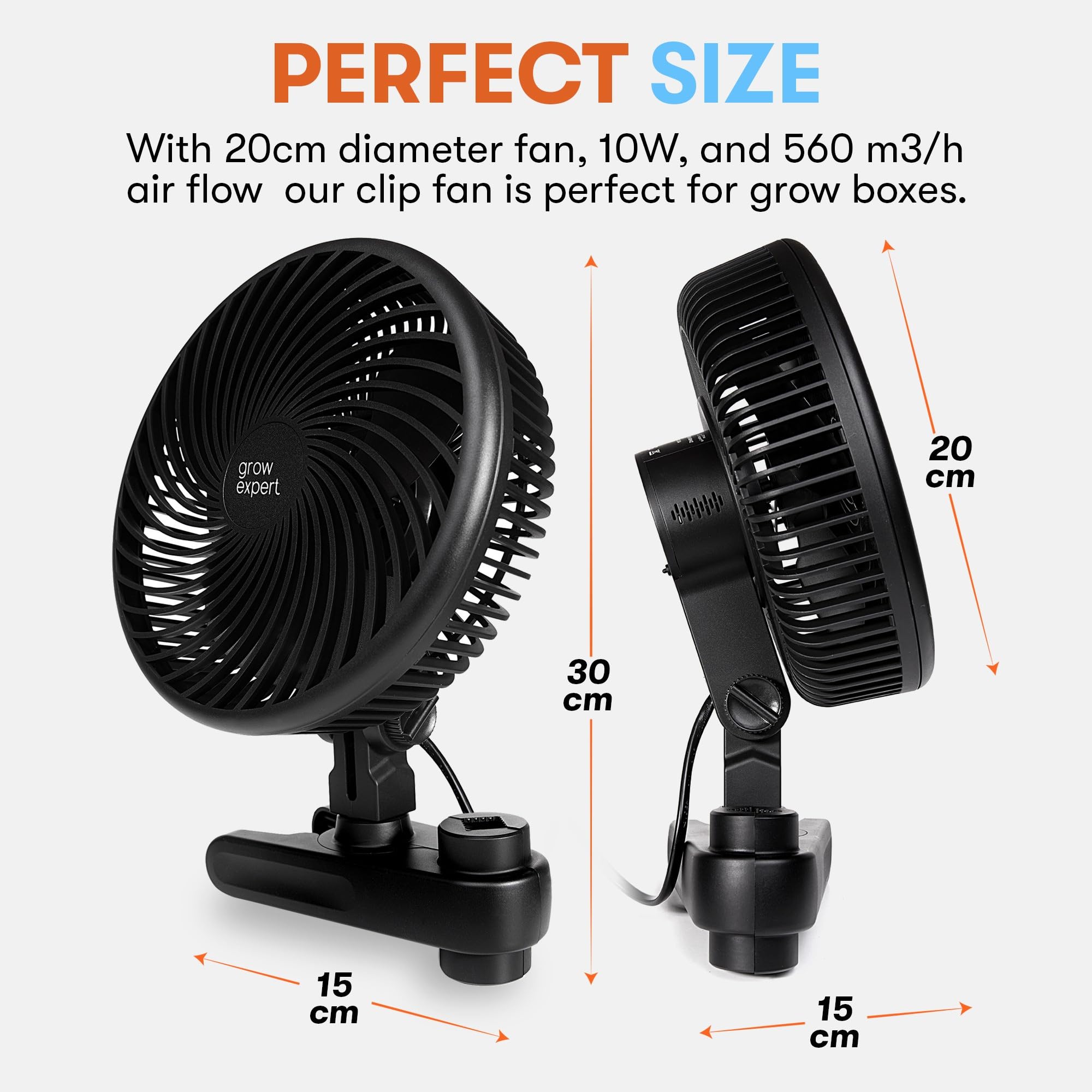 Grow - Ventilatore a clip di alta qualità, 10 livelli di velocità, cavo 220 cm, ventola silenziosa per tenda, diametro 20 cm, 10 W, 560 m3/h, flusso d'aria 32 dBA