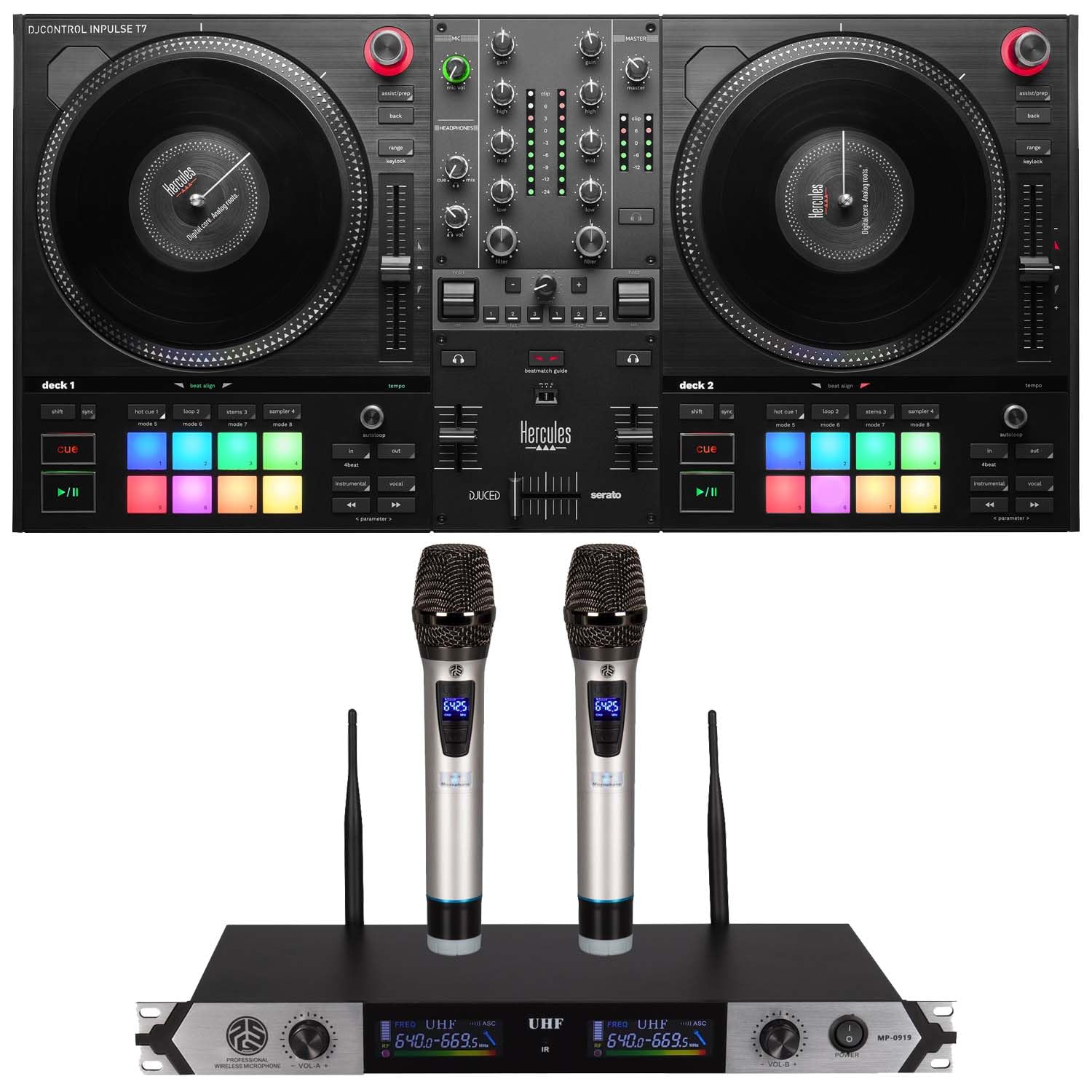 Clutch Hercules DJ DJControl Inpulse T7 2-Deck Motorized DJ Controller, PSG Audio MP-0919 Dual Wireless Mic Bundle