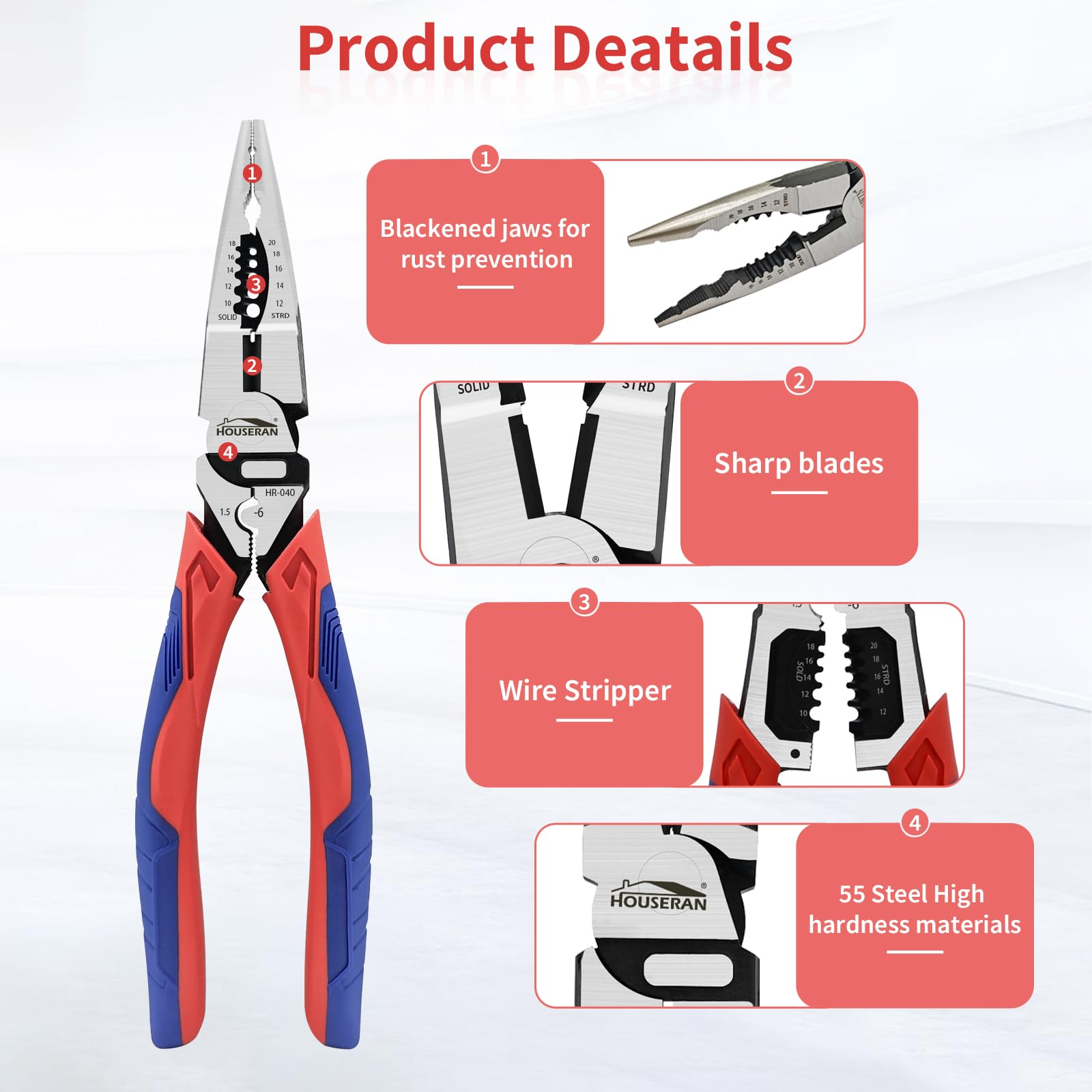 HOUSERAN Needle Nose Pliers, Long Needle Nose Plier with Wire Stripper and Crimper, 8.4 Inch Long Lose Pliers - Image 4