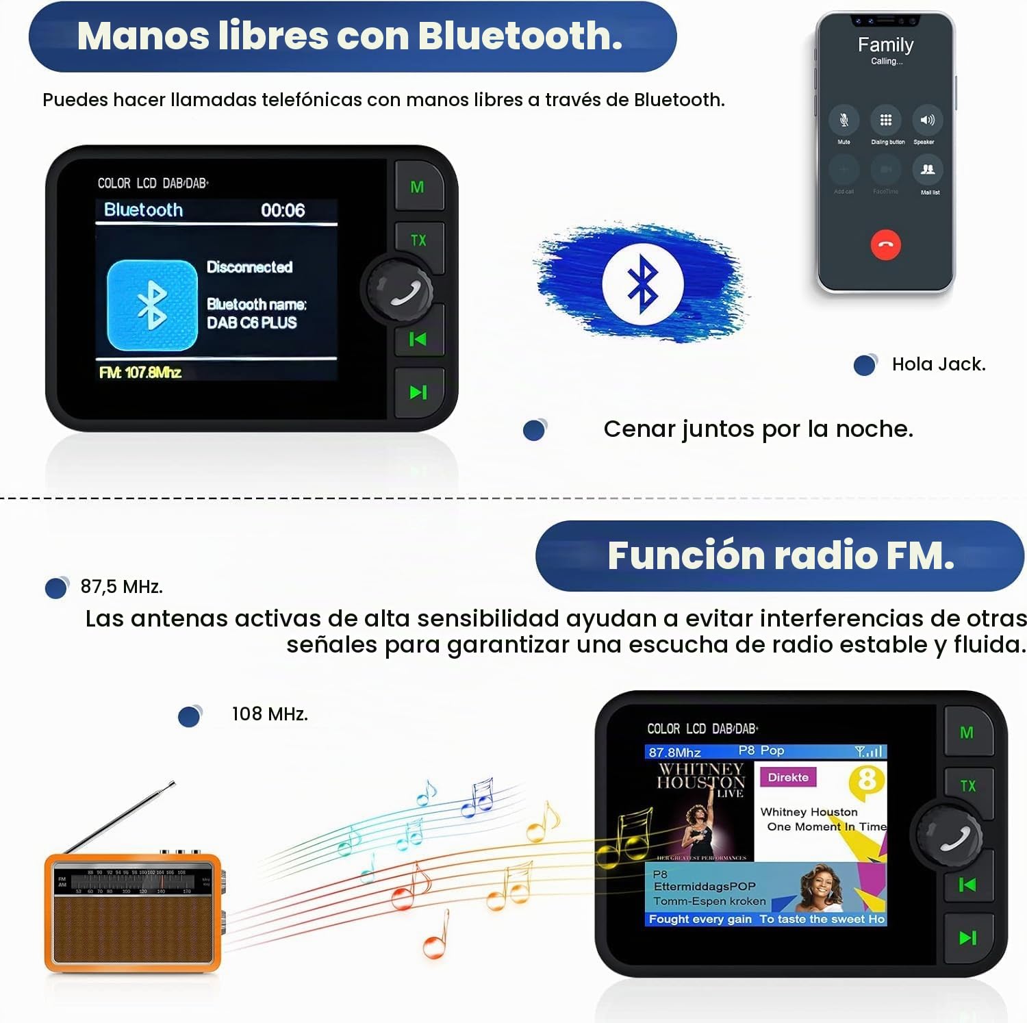 Hikity Dab/Dab+ Adaptador Radio 2,4" LCD BT Transmisor FM | Portátil. Manos Libres. Receptor Digital DAB. TF/AUX. Para Coche y Casa