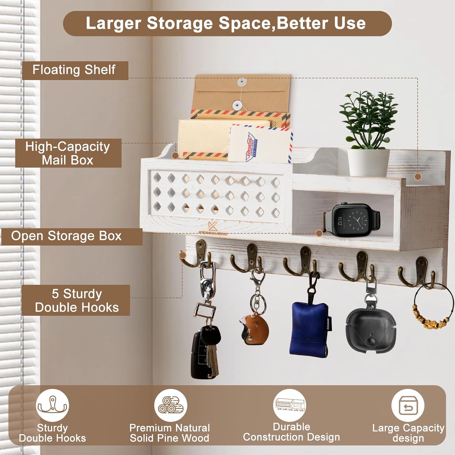 Key and Mail Holder Wall Mount - Mail Organizer Wall Mounted with Hooks and Storage Box, Key Rack for Entryway, Wall Mail Organizer for Home, Modern Farmhouse Decor, Easy Install Key Hanger (White)