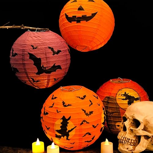 Miniatura 7 de 12 linternas de papel de Halloween, farol Jack O Lanterns, calabaza, faroles colgantes de araña, murciélago y esqueleto para Halloween, suministros