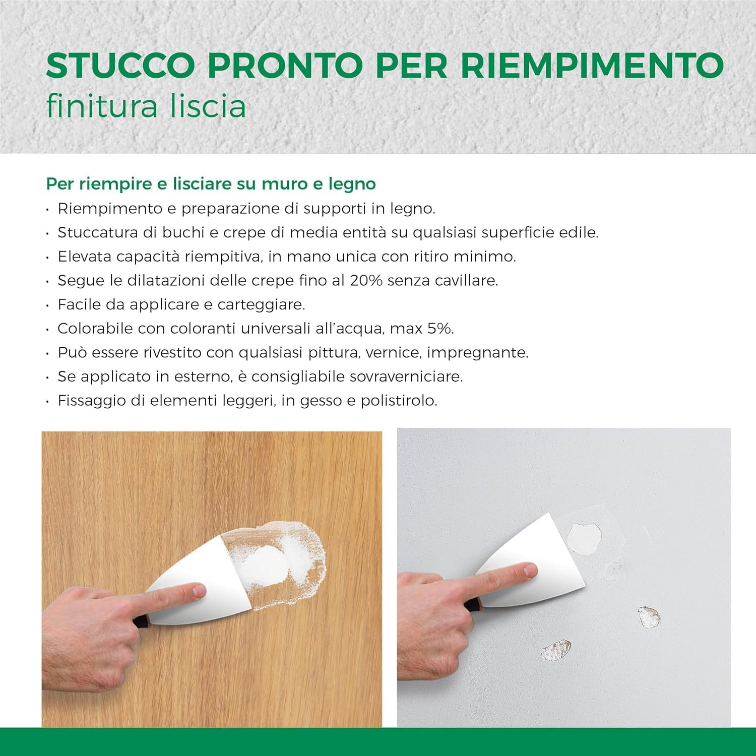Stucco in Pasta Alto Riempimento, stucco alti riempimenti su muro e legno, rinforzato con fibre, riempie fino a 2cm senza ritiri - 5 confezioni da 1kg