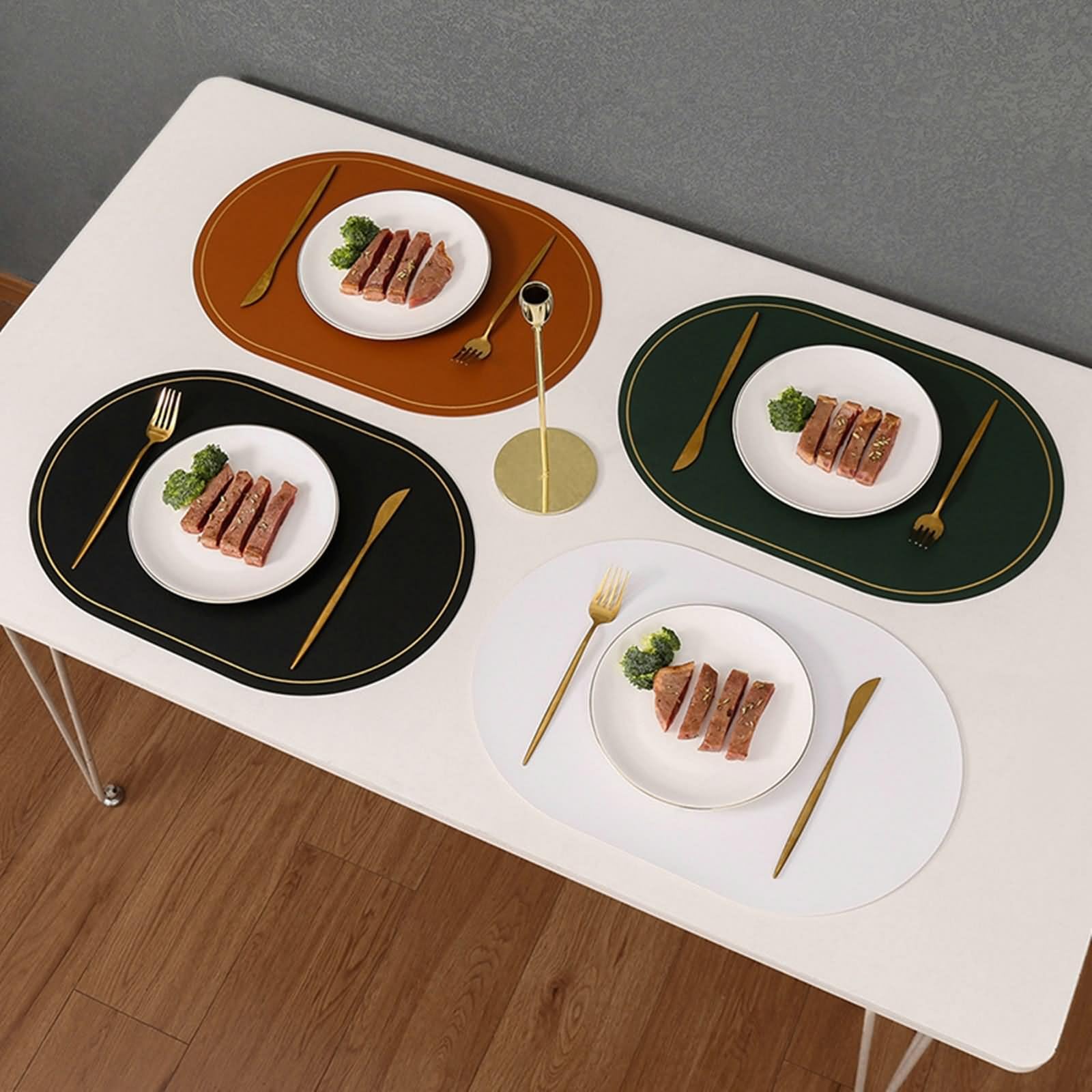 Juego de 6 salvamanteles modernos, manteles individuales de desayuno blancos de piel, 45 x 30 cm, color sólido ovalado