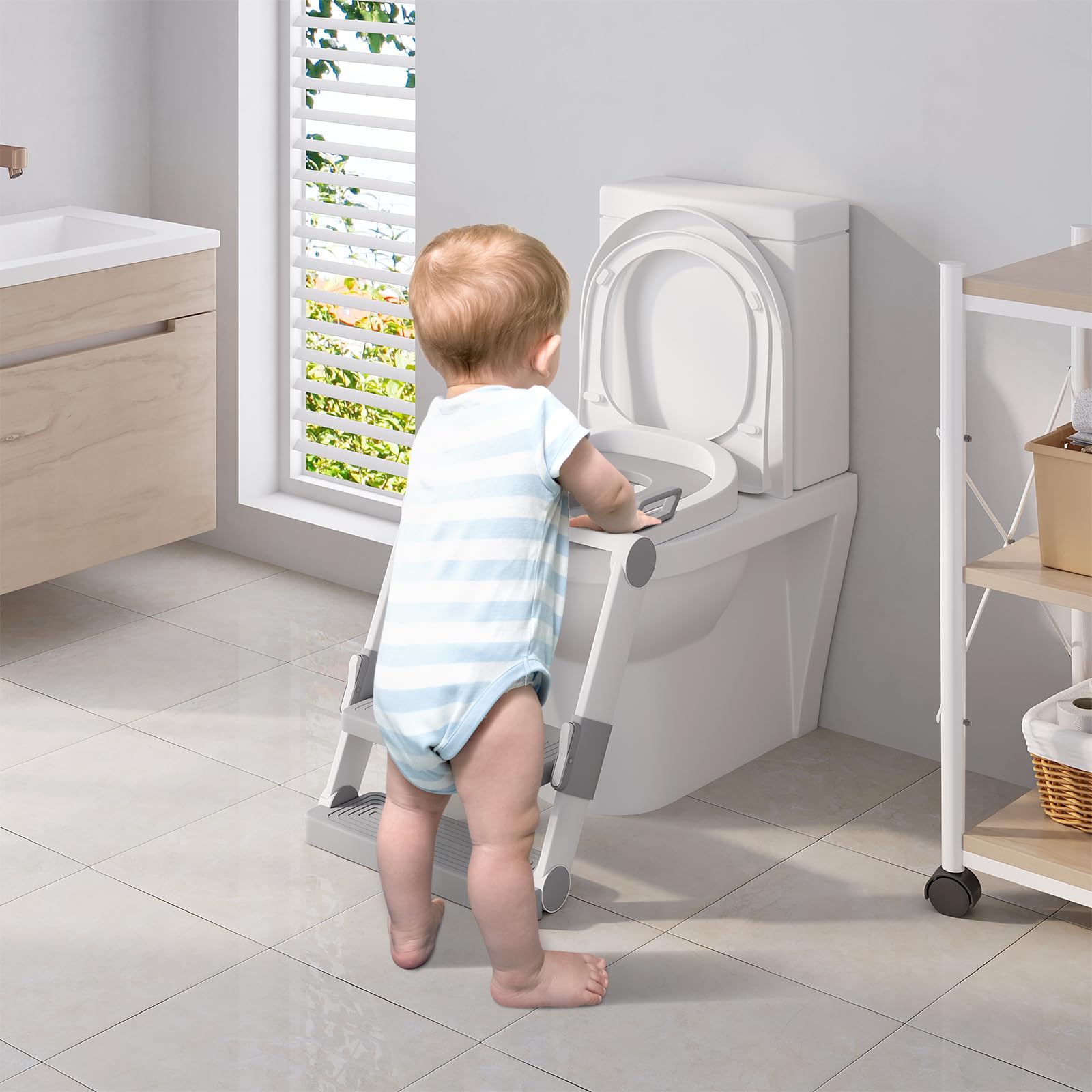WOLTU Réducteur de Toilette pour Enfant avec Escabeau Pliable et Portable, Siège WC d'Apprentissage de la Propreté, Sans Montage, Marches Réglables en 2 Hauteurs, Coussinet Doux, Blanc + Gris