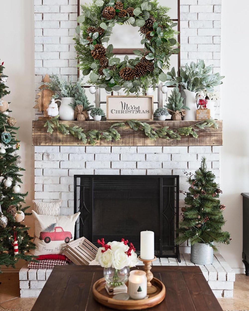 Oairse Corona de Navidad artificial de 24 pulgadas, corona grande para puerta delantera con hojas verdes de eucalipto brillante, ramas de pino, conos de pino para el hogar, habitación, chimenea, pared