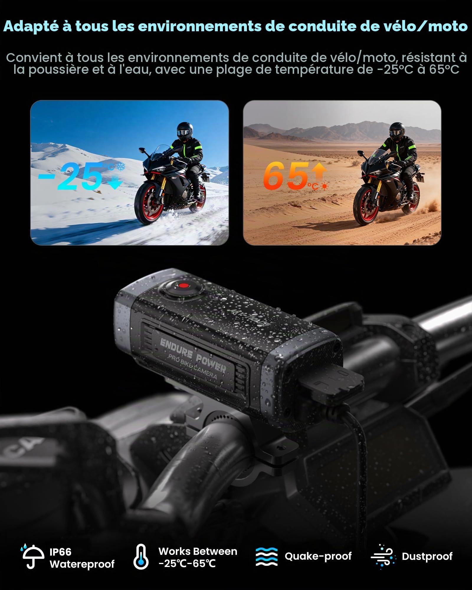 AKEEYO AKY-710Lite Caméra pour Moto/Vélo WiFi 2K30FPS avec Ultra HD, étanche IP66 avec Enregistrement en Boucle et D'urgence, Moniteur de Stationnement,Rechargeable,Batterie Longue Durée de 7.5 Heures