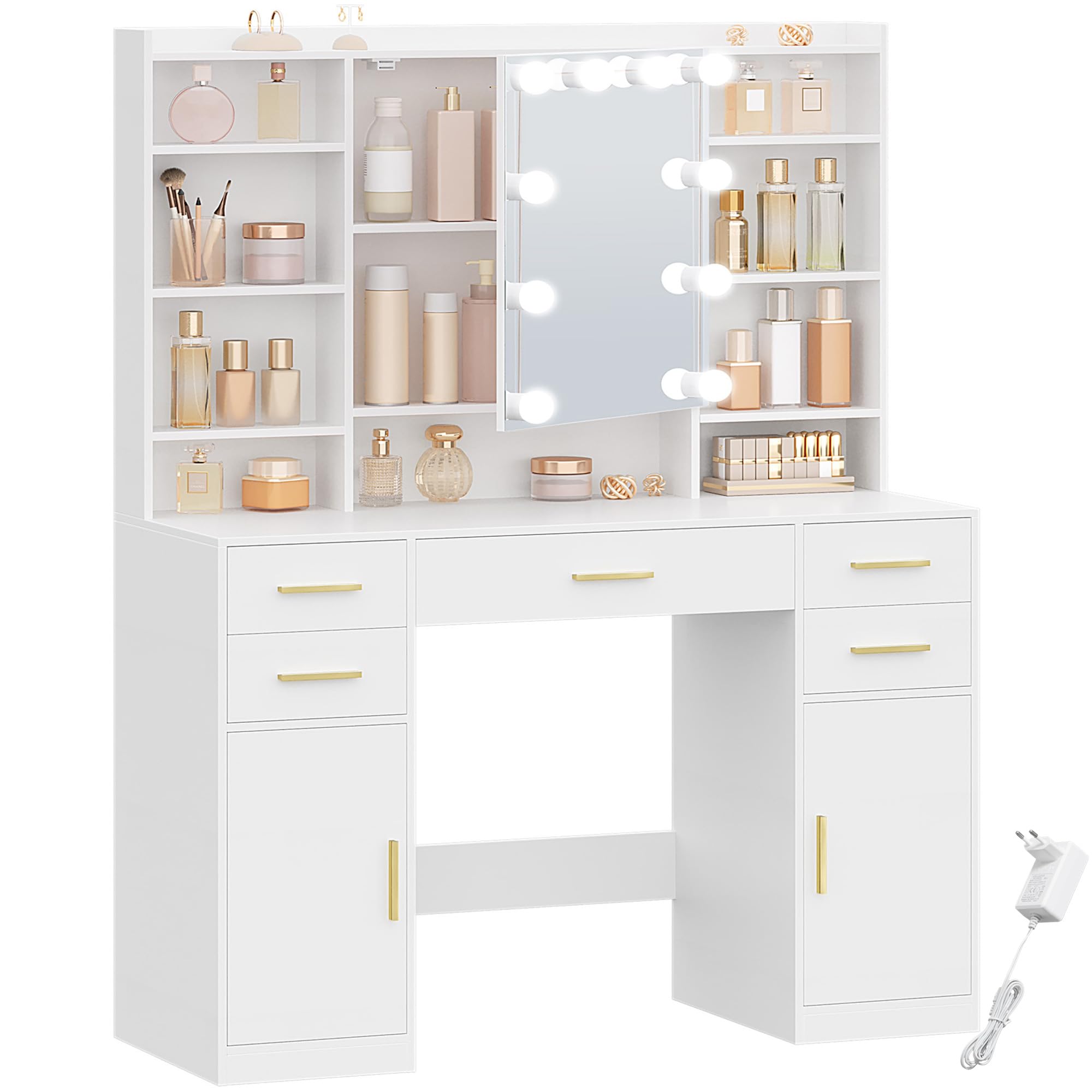 HEXCELEN 108 cm Coiffeuse avec Miroir et Lumières LED, Blanc | Luminosité Réglable, Tiroirs, Armoire et Étagères Ouverts, Table de Maquillage, Miroir avec Étagères Cachées