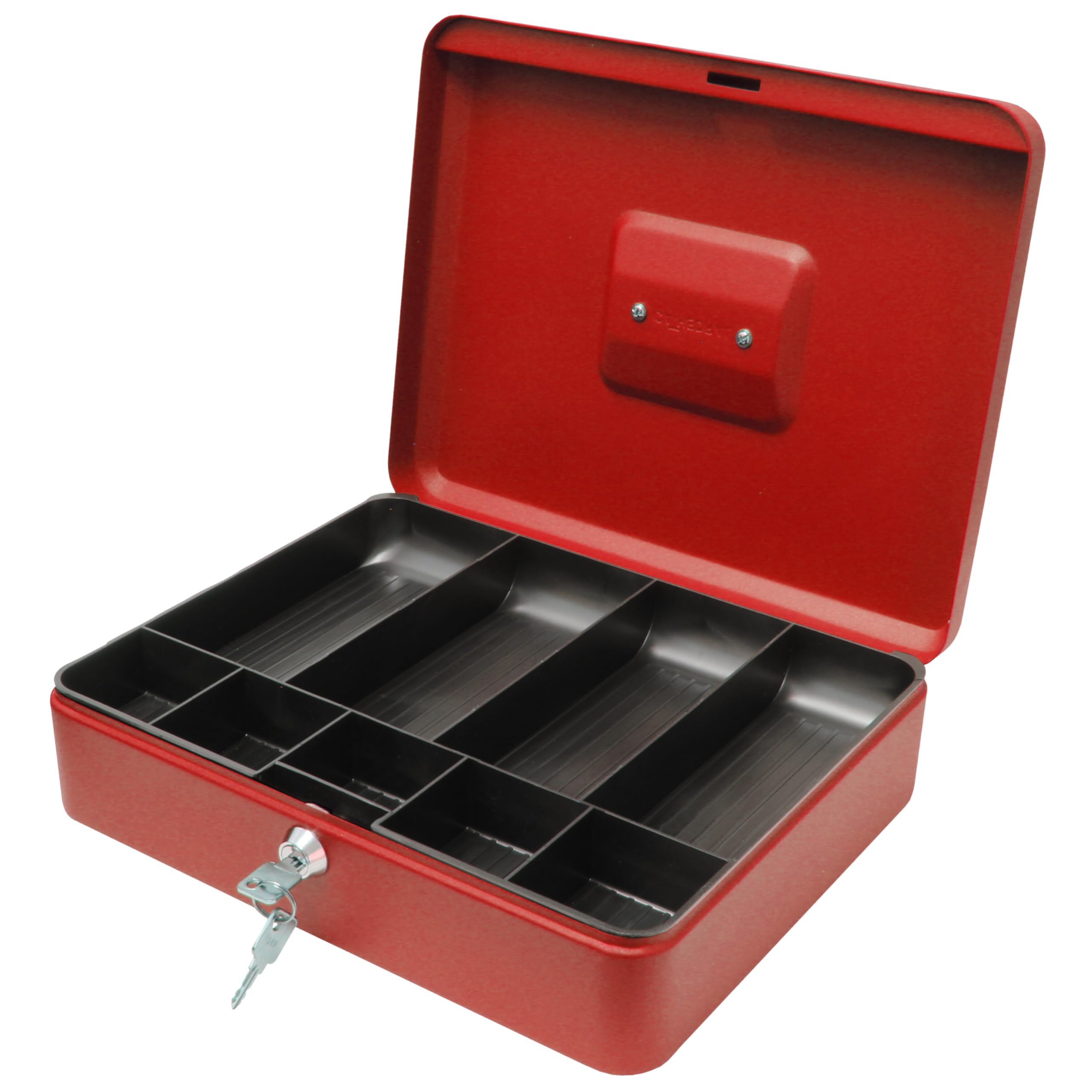 Cathedral Products Key Lockable Cash Box with Lift Out 9 Compartment Coin Tray - 12 Inch - Red