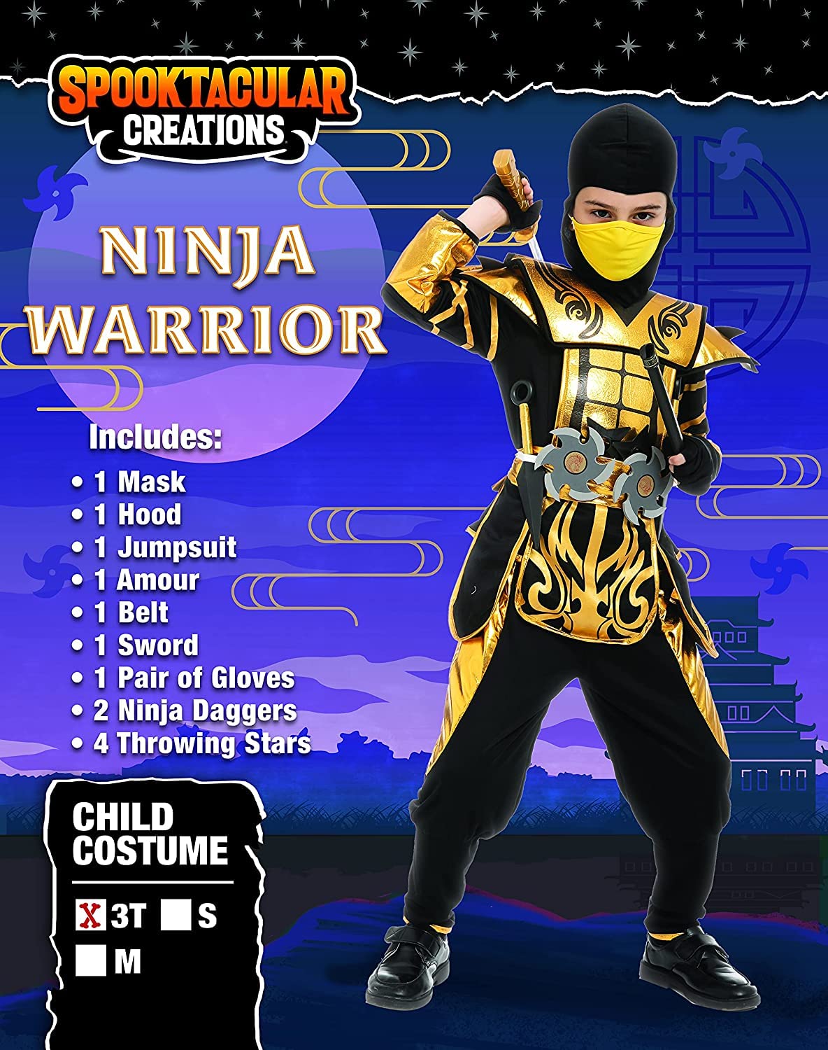 Spooktacular Creations Costume da ninja d'oro per feste a tema ninja per bambini Costume di Halloween da ninja gioco di ruolo Festa di Natale