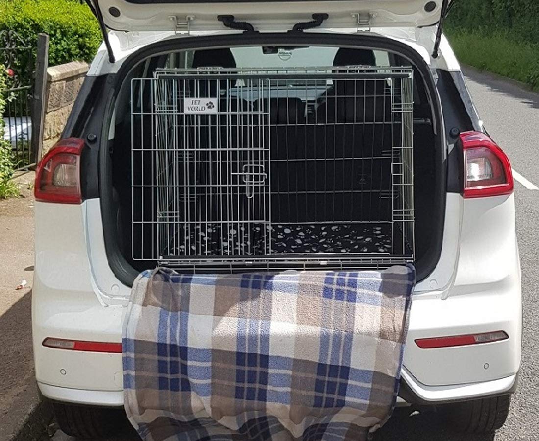 Pet World Large 36" Sloped Car Dog Crate – Compatible with Kia Rio – UK Designed, Steel Travel Cage – Emergency Escape Hatch – Folds Flat – Free Comfort Mat – Easy Assembly