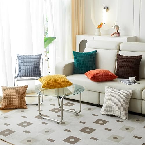 Miniatura 6 de Sunday Praise Paquete de 2 fundas de almohada decorativas de pana de 18 x 18 pulgadas, fundas de almohada cuadradas de rayas bohemias suaves para