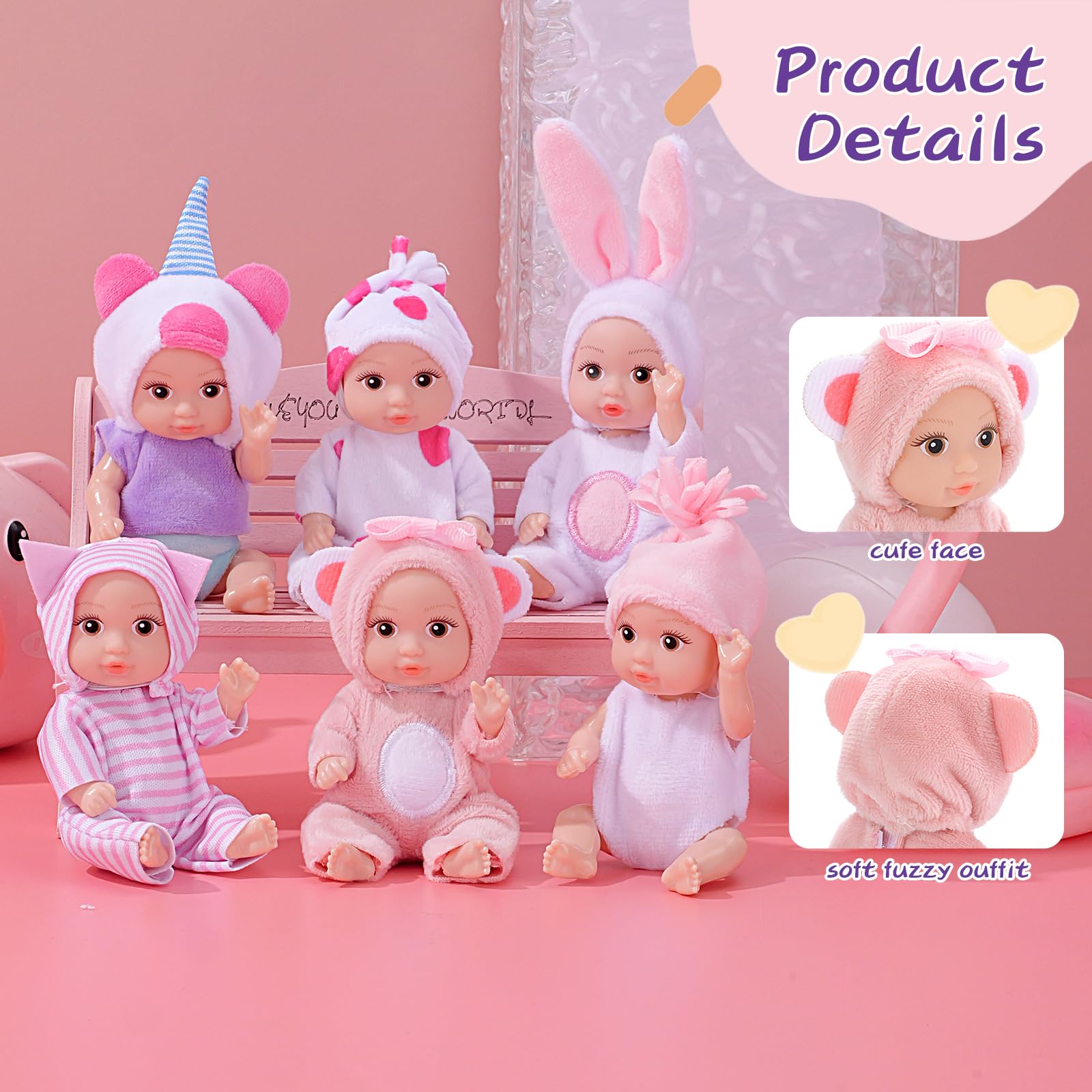 Juego de 6 muñecas realistas de ojos abiertos de 4 pulgadas, mini muñecas Reborn con ropa rosa hecha a mano, Pascua de Navidad para niños a partir de 3 años 6