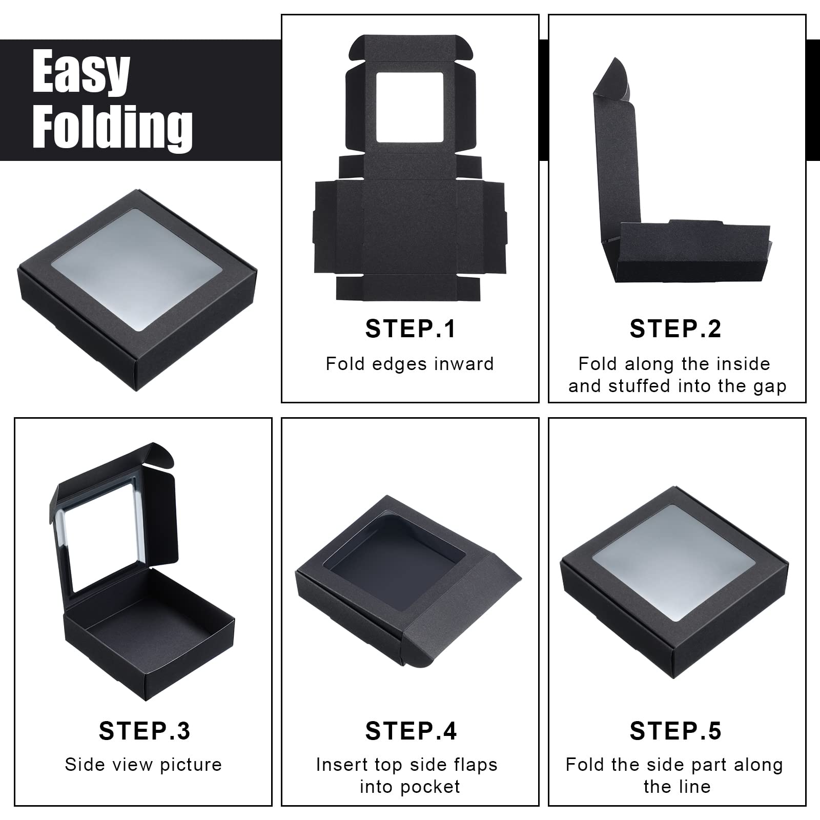 Zonon 60 Stück Leckerli-Boxen, Seifenschachteln für hausgemachte Seife, Mini-Kraftpapierboxen mit Fenster, Geschenkverpackungsbox für Seife (Schwarz, 10,5 x 10,5 x 3 cm)