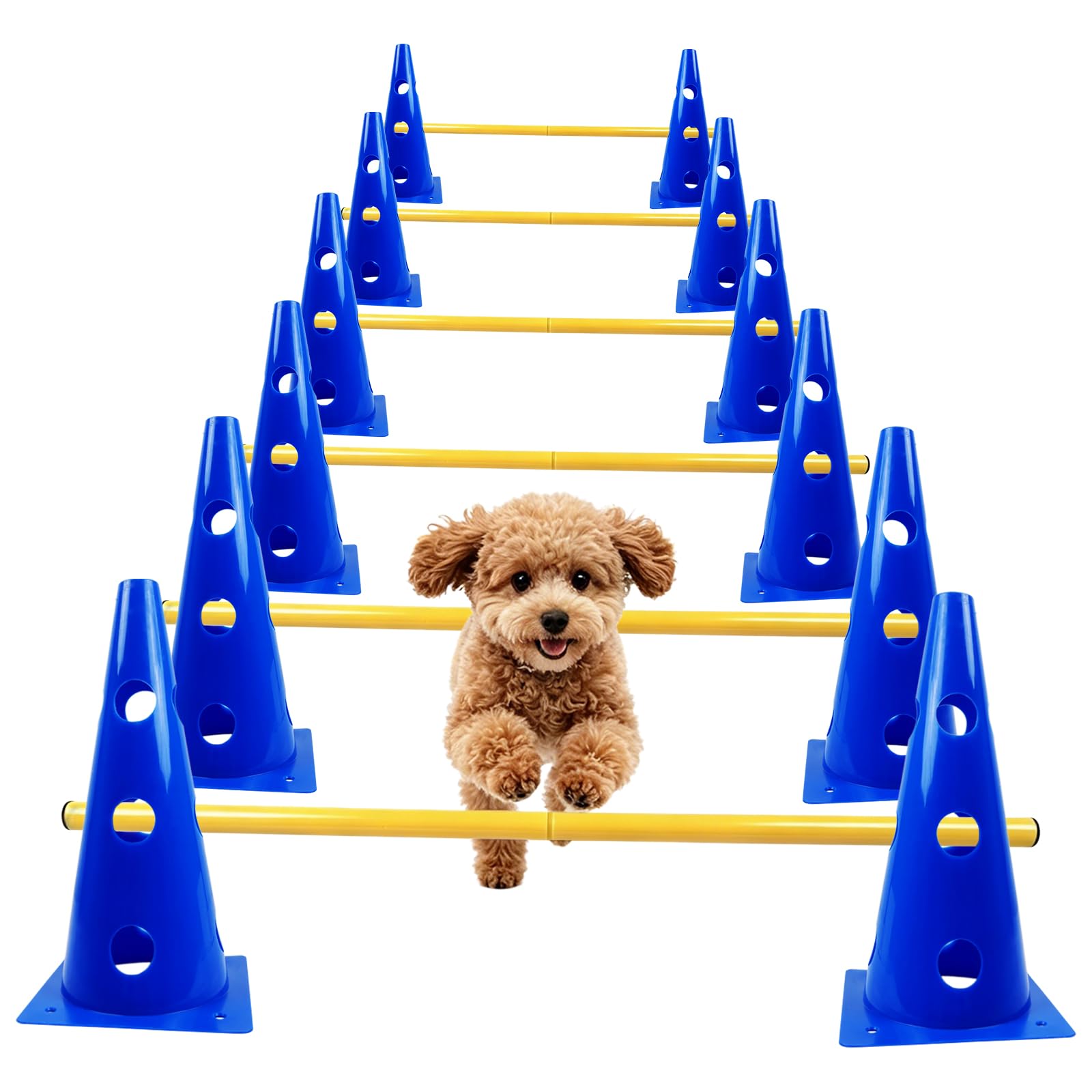 Dog Agility Equipment Set, Cavaletti Poles for Dogs Agility Jumps 32 cm Pet Training Cone Set Dog Jump Training Kit 12 x Cones 6 x Agility Rods with Storage Bag Six-Piece Adjustable Height Jump