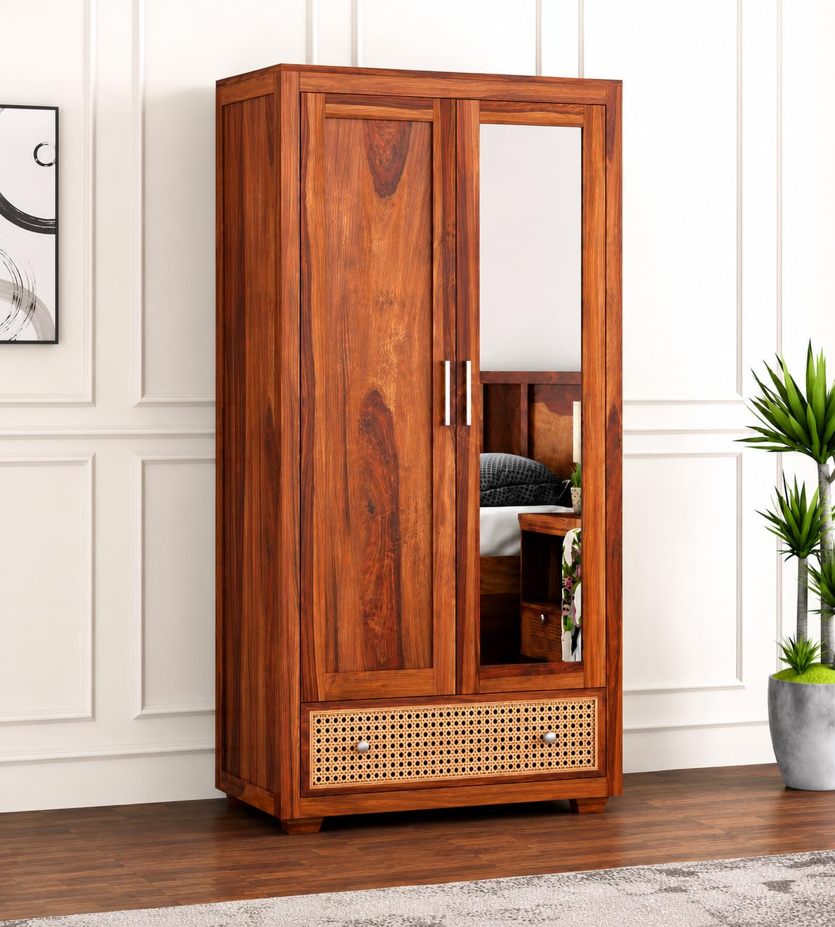 Solid Sheesham Wood Wardrobe for Bedroom with Mirror Door & Rattan Cane Drawe | Wooden Almirah for Clothes Storage | Honey Finish-image-16