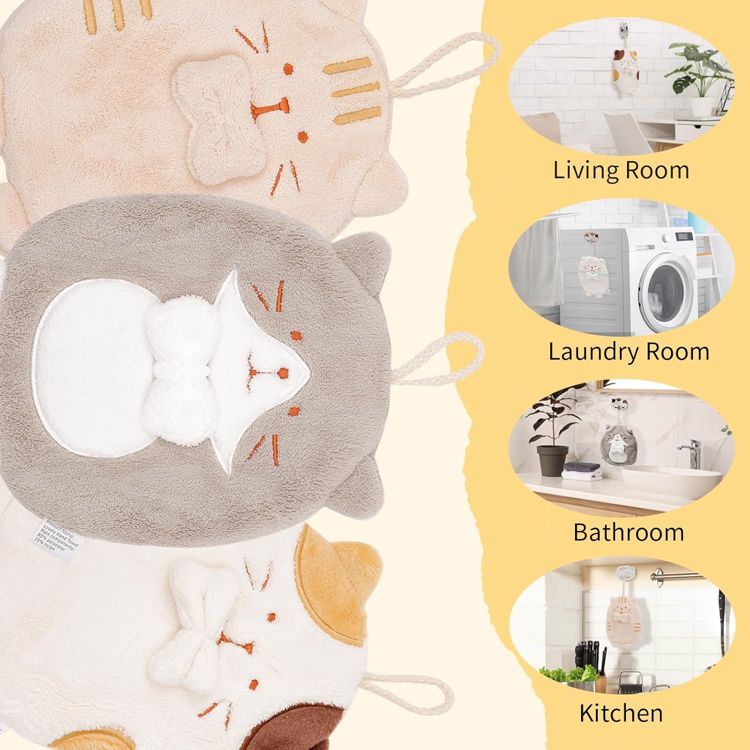 3 Pack Cute Cat Hand Towels, Bathroom Towels with Hanging Loop, Children Hand Towel Animals, Microfiber Coral Fleece Absorbent Hand Towel for Kitchen Bathroom Bedroom (3CAT) - Image 6