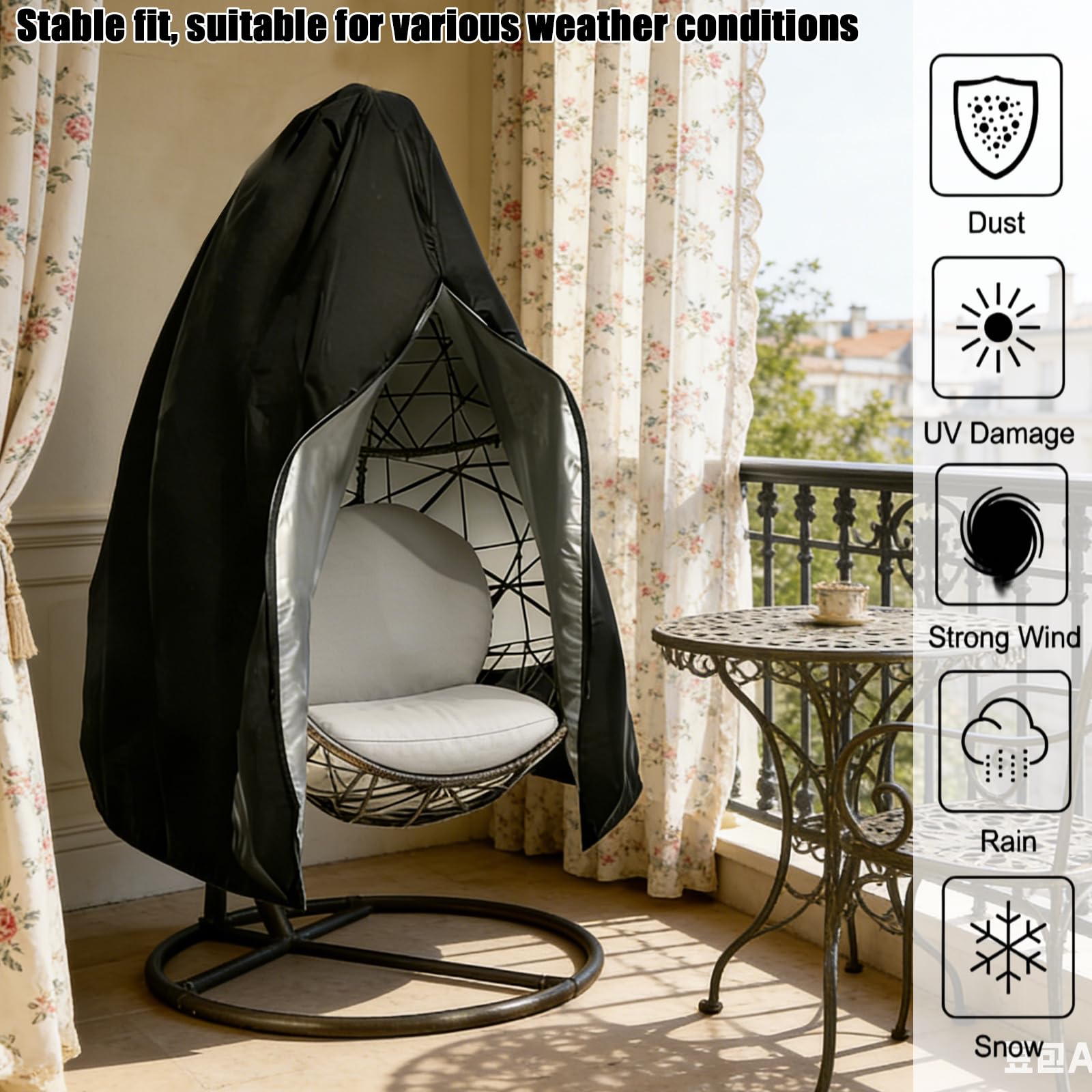 Lot de 2 housses pour fauteuil suspendu : noir/argent housse de protection imperméable, fermeture éclair tissu Oxford 210D, 115 x 190 cm, housse pour fauteuil suspendu extérieur pour jardin et