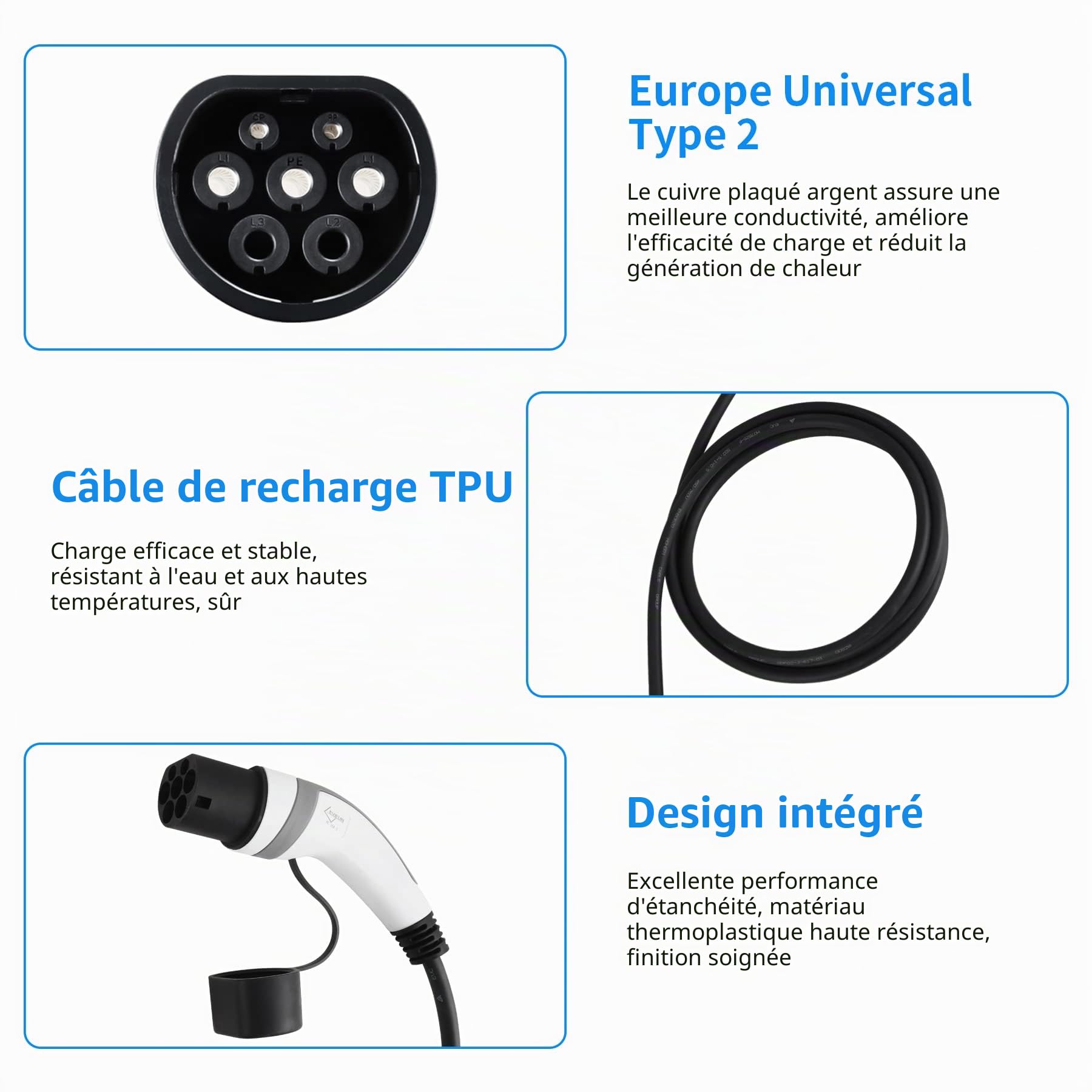 Câble de Recharge Voiture électrique Type 2, 22 KW, 32 A, 3 m | Recharge Triphasé , Type 2 à Type 2, pour VE et Hybrides Rechargeables ID.3, ID.4, Model 3, e-Tron, Zoe, i3, Leaf, e-Golf