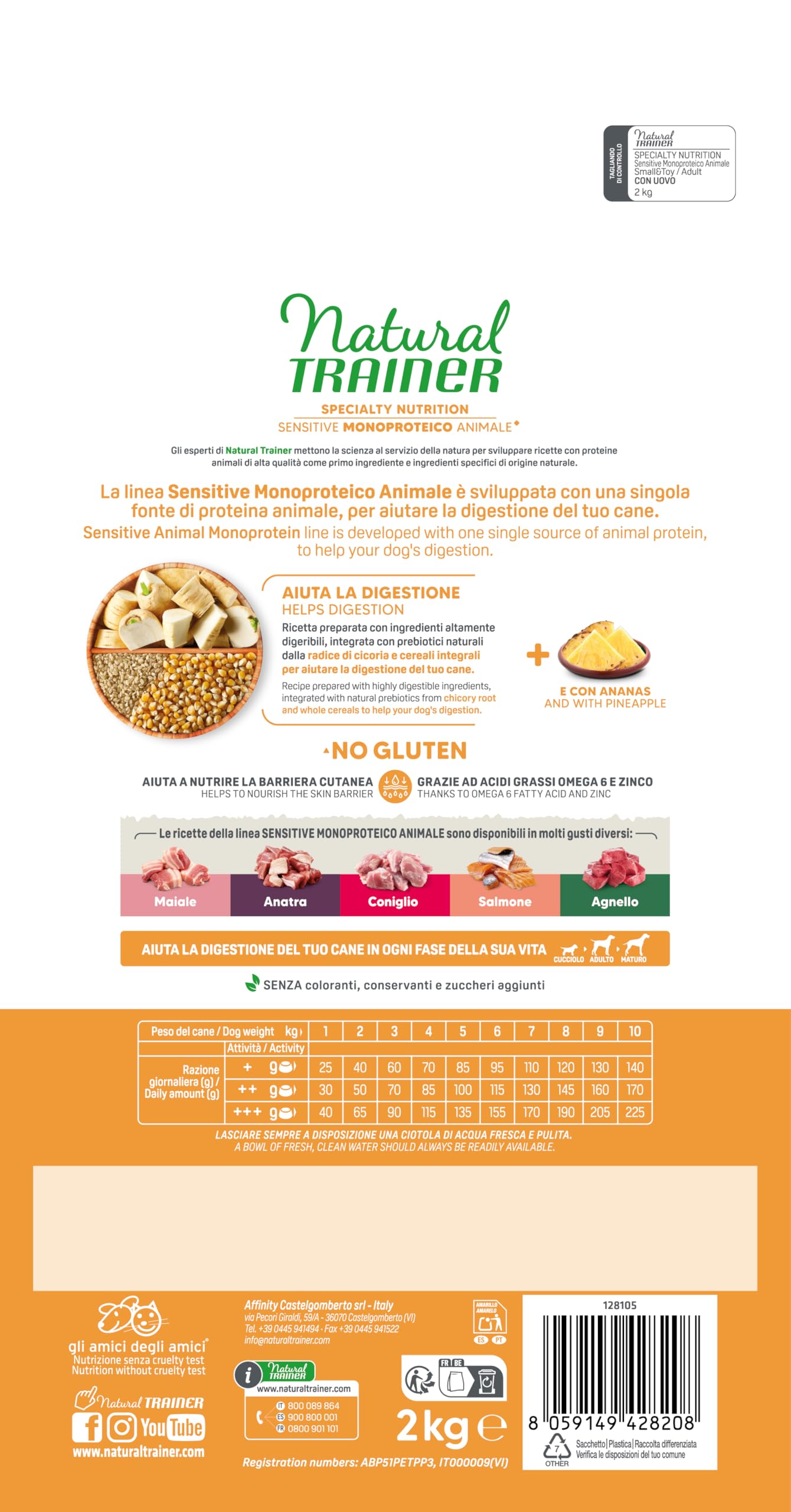 Natural Trainer Sensitive No Gluten - Alimento para Perros Adultos Small&Toy con Huevo y Cereales integrales, 2 kg