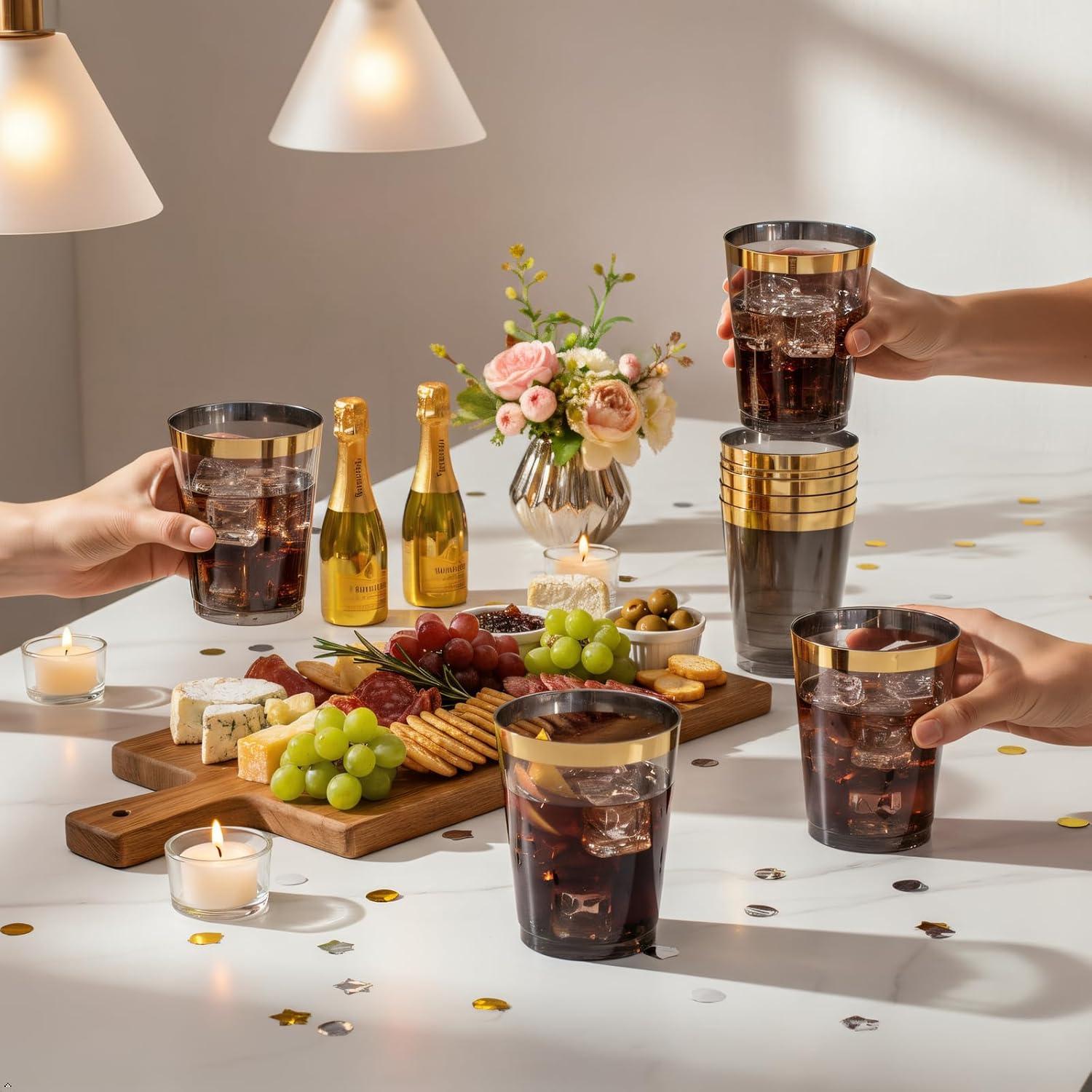 supernal 100pcs Black Plastic Cups 10oz Gold Rimmed Elegant Black Party Cups Heavy Duty Fancy Wedding Drinking Tumblers Plastic Cup for Valentine's Day and Party - Image 6