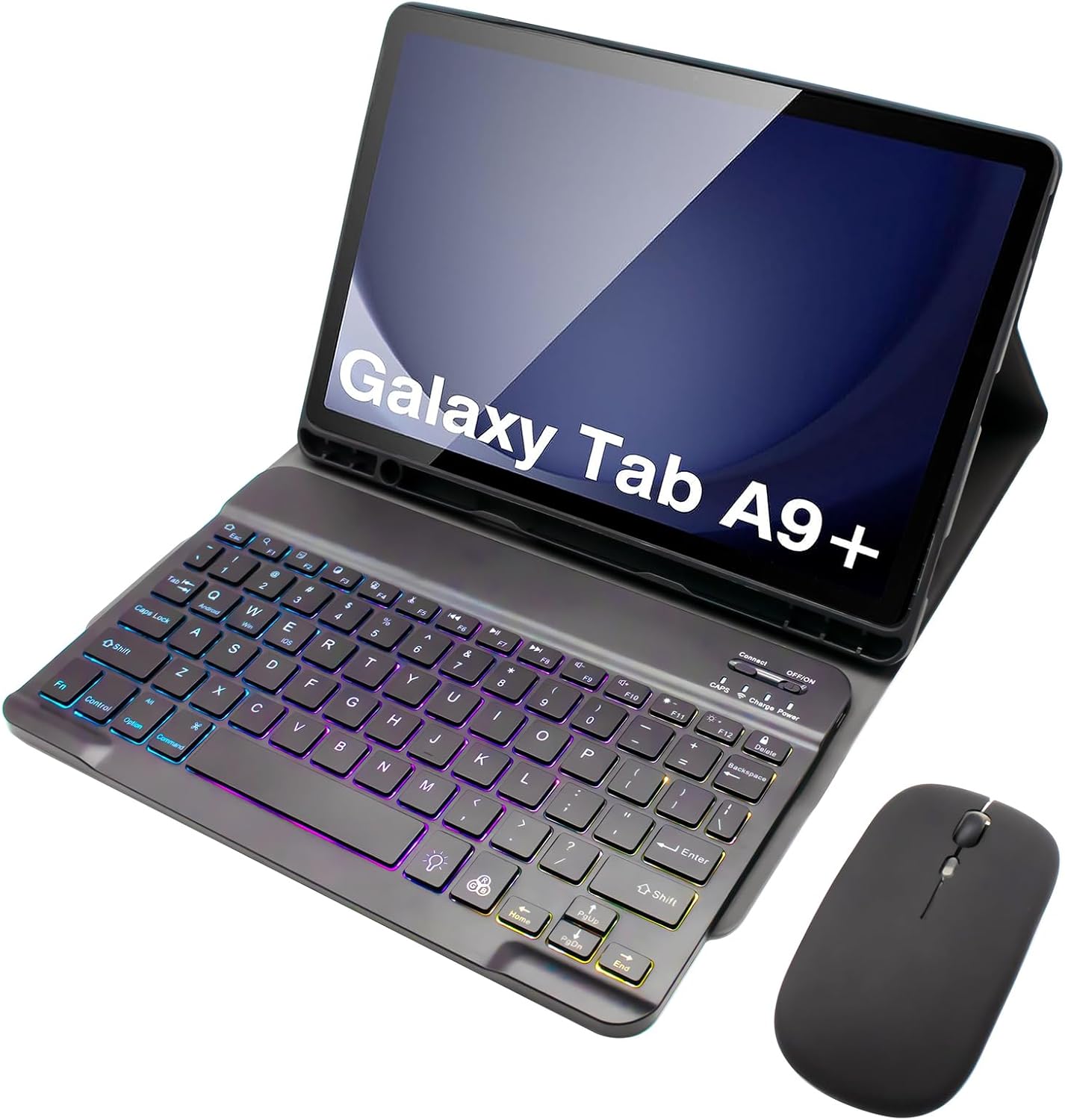 Keyboard Case for Samsung Galaxy Tab A9 Plus 11 Inch (SM-X210/X216/X218),7 Color Backlight Keyboard with Dual Mode Wireless Mouse,Black