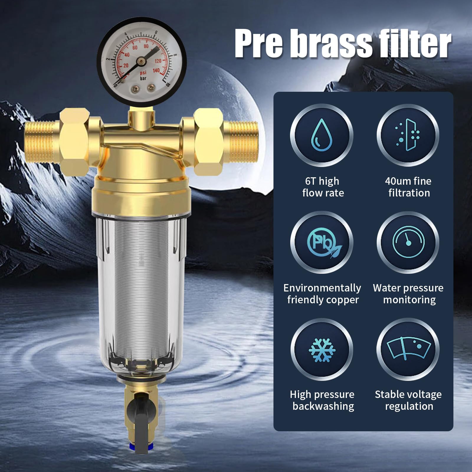 Filtro di rigetto per acqua, Filtro per acqua con sedimenti spin-down riutilizzabile da 1 pollice, Filtro per acqua prefiltro e filtro sedimenti, Filtro per acqua da 40 μm con manometro per tubo