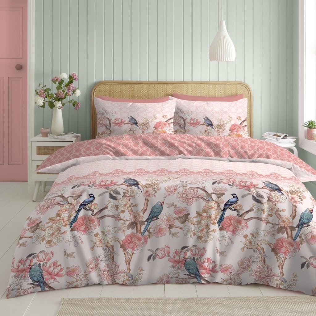 Lions Rose Bedding Set - 3 Piece Peach Double Duvet Cover with Matching Pillowcase, Soft Printed Reversible Poly Cotton floral Quilt Covers, Double Bed, 200x200cm