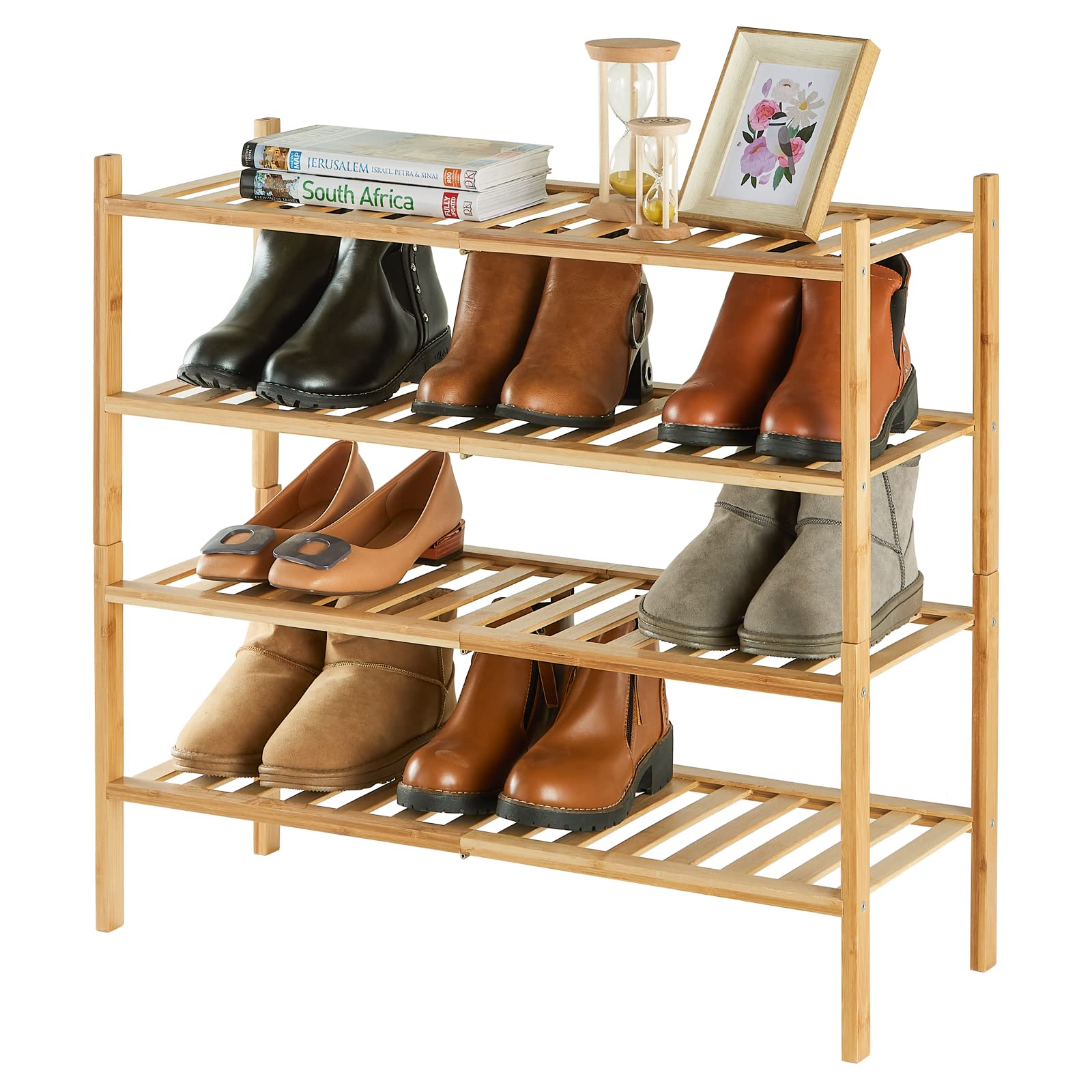 4-Tier Bamboo Shoe Rack for Entryway, Stackable | Heavy Duty | Multi-Function, Free Standing Shoe Racks for Bedroom Hallway Closet