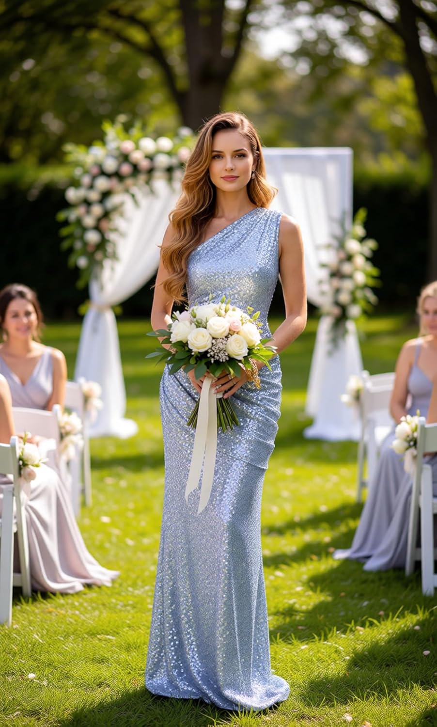 One Shoulder Sequin Prom Dress Women's Sparkly Mermaid Ruffled Evening Dresses - Image 4