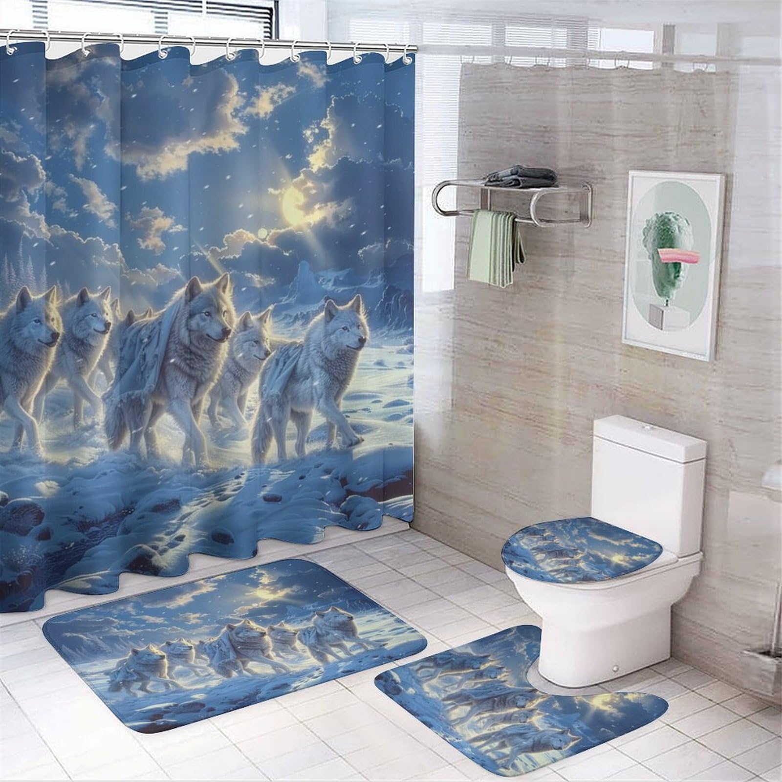 TOWINSFB 4Pcs Winter White Wolf Shower Curtain, Snowy Mountain Snowflake Forest Shower Curtain Sets with Toilet Lid Cover, U-Shaped Mat and Non-Slip