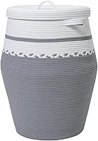 Vista 25 de Cesta alta de cuerda de algodón hecha a mano de 26 x 20 pulgadas con tapa, elegante forma de flagón con tapa, cesta de ropa con parte superior