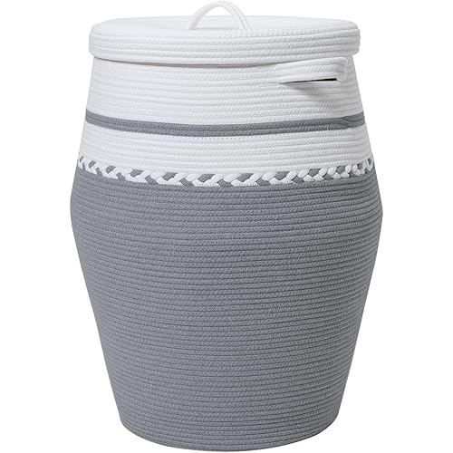 26" x 20" Handcrafted Tall Cotton Rope Basket with Lid, Stylish Flagon Shape with Cover, Clothes Hamper with Top, for Bedroom and Living Room, White/Grey