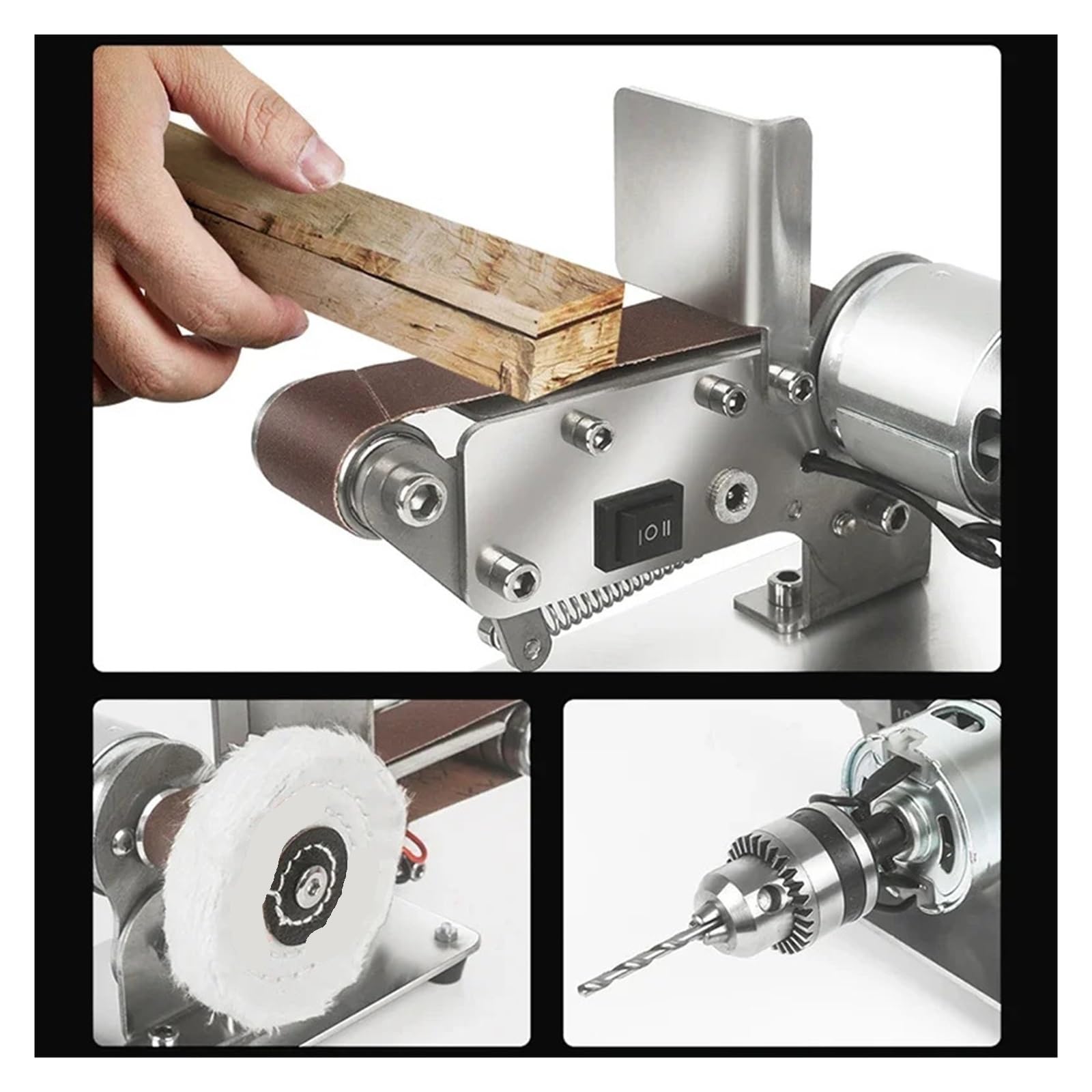 Mini levigatrice a nastro elettrica, smerigliatrice a nastro multifunzionale, 7 velocità, lucidatrice, rettificatrice, taglierina, affilatrice(Set1)