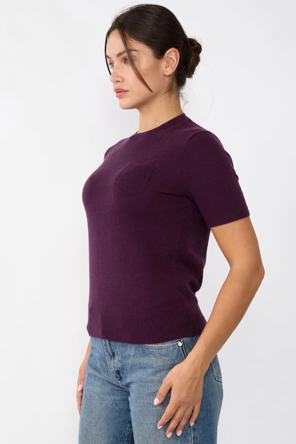 JENNIE LIU Womens 100% Cashmere Crewneck Short Sleeve Sweater - Image 2