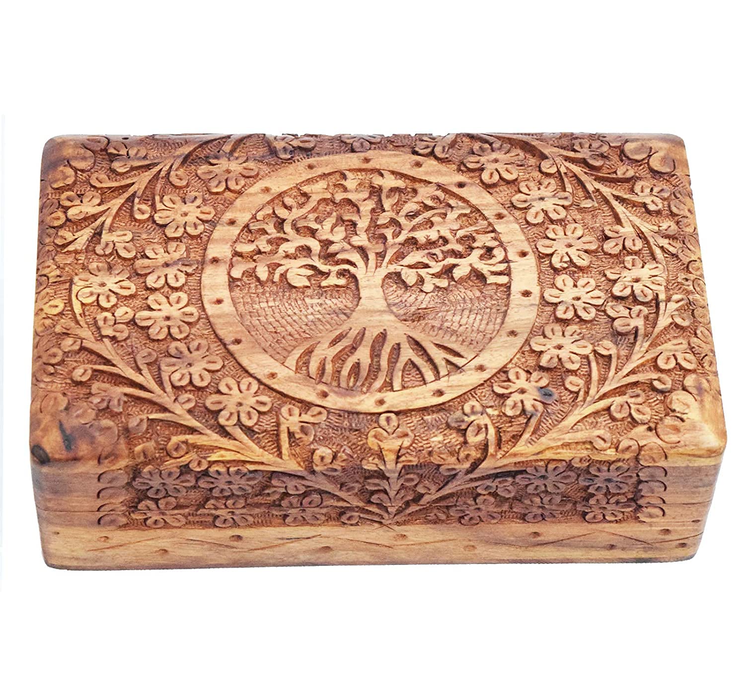 Handmade Sheesham Wooden Rectangular Storage Box Hand Carved Tree design Jewelry Box & Decorative Gift Box (8X5 inches)