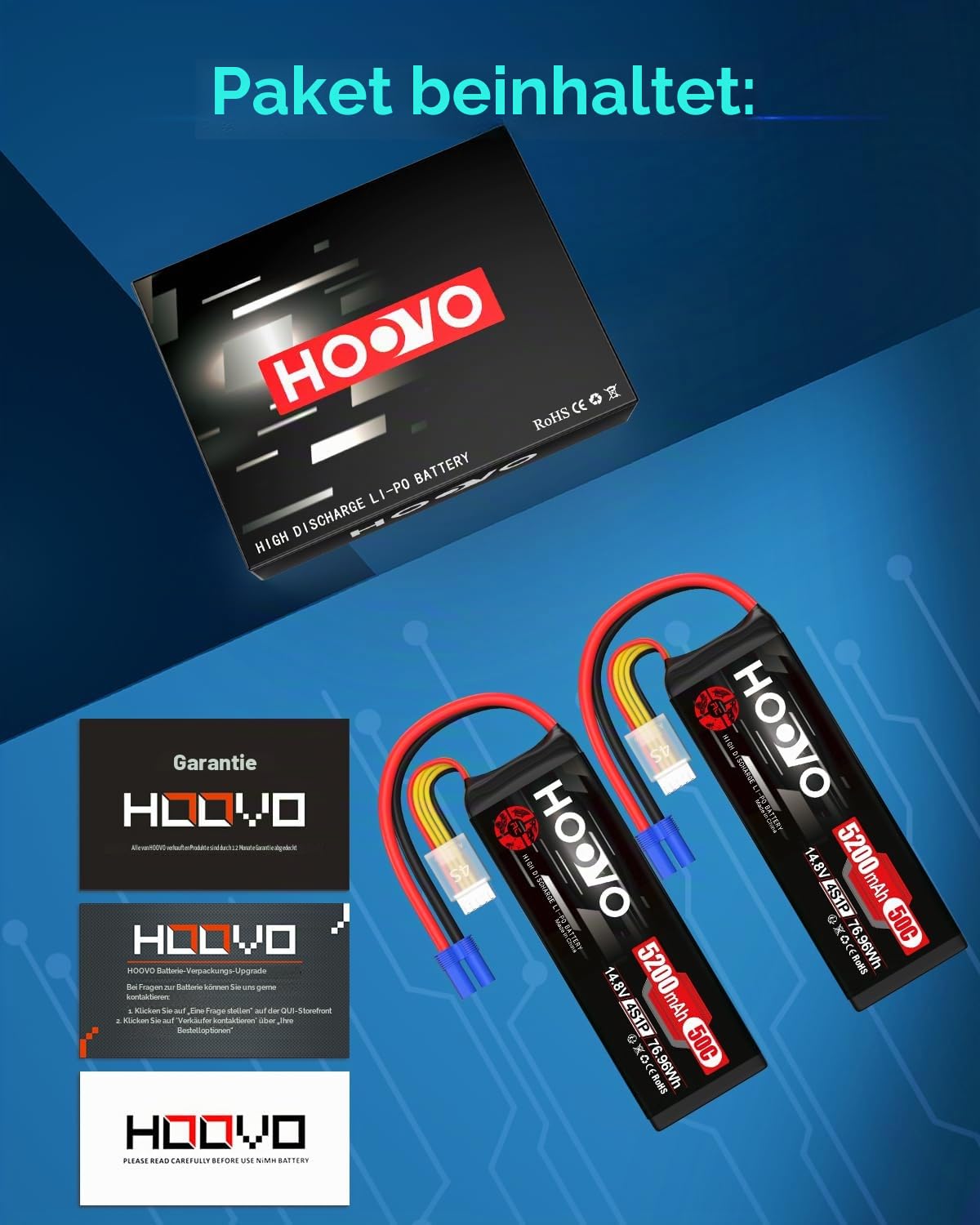 4S Lipo Akku 14,8V 5200mAh 50C RC Batterie EC5 Stecker HOOVO für RC Auto LKW Buggy Quadcopter Hubschrauber Flugzeug Racing Drone Hobby (2 Stück)
