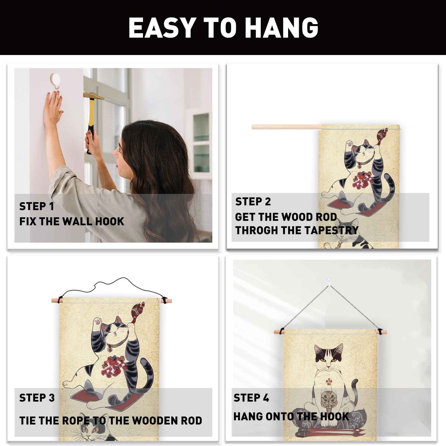 PLIGREAT Confezione da 2 Arazzo Verticale Stile Giapponese Retro Gatti Estetica Arazzo Da Parete Per Camera Da Letto Soggiorno Decorazione Della Casa Lungo Arte Sottile Arazzo Con Nappe