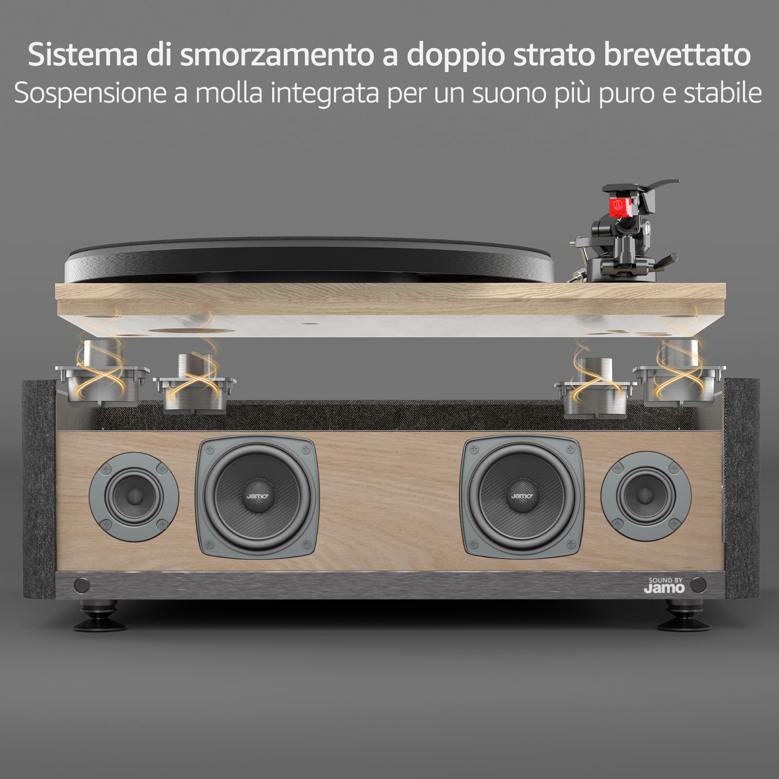 STACK STONE SS08 x Jamo Giradischi Vinili, Giradischi con Altoparlanti Hi-Fi Camera Acustica Ampia, Bluetooth 5.3 Streaming, Anti-Vibrazione a Doppio Strato, Testina Magnetica AT-91R, 33/45 RPM
