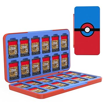 TiMOVO 24 Game Card Case for Nintendo Switch OLED 2021/Switch/Switch lite, 24 Game Holder Cartridge Case for Switch Game Cards and 24 SD Cards, Compact & Portable Game Storage Case Box, Red/Blue Ball