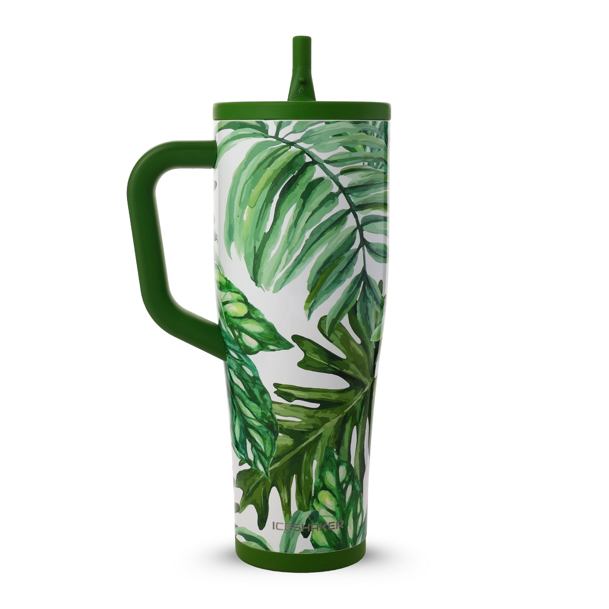 Ice Shaker 40 oz Tumbler with Handle and Straw | 40oz Palm Trees| Cold for 30+ Hours | 2-in-1 Tumbler Shaker Bottle | Odor-Free 40 ounce Bottle for Water, Protein Shakes, Smoothies, Cocktails