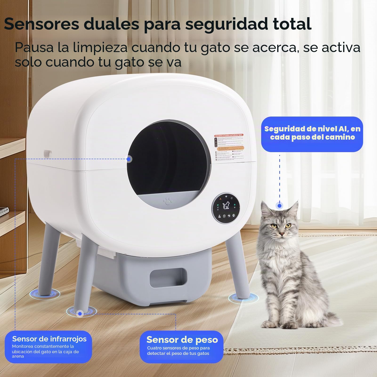 Fsitego Caja de arena autolimpiable extragrande para varios gatos con alfombrilla, robot de eliminación sin olor con control de aplicación y luz