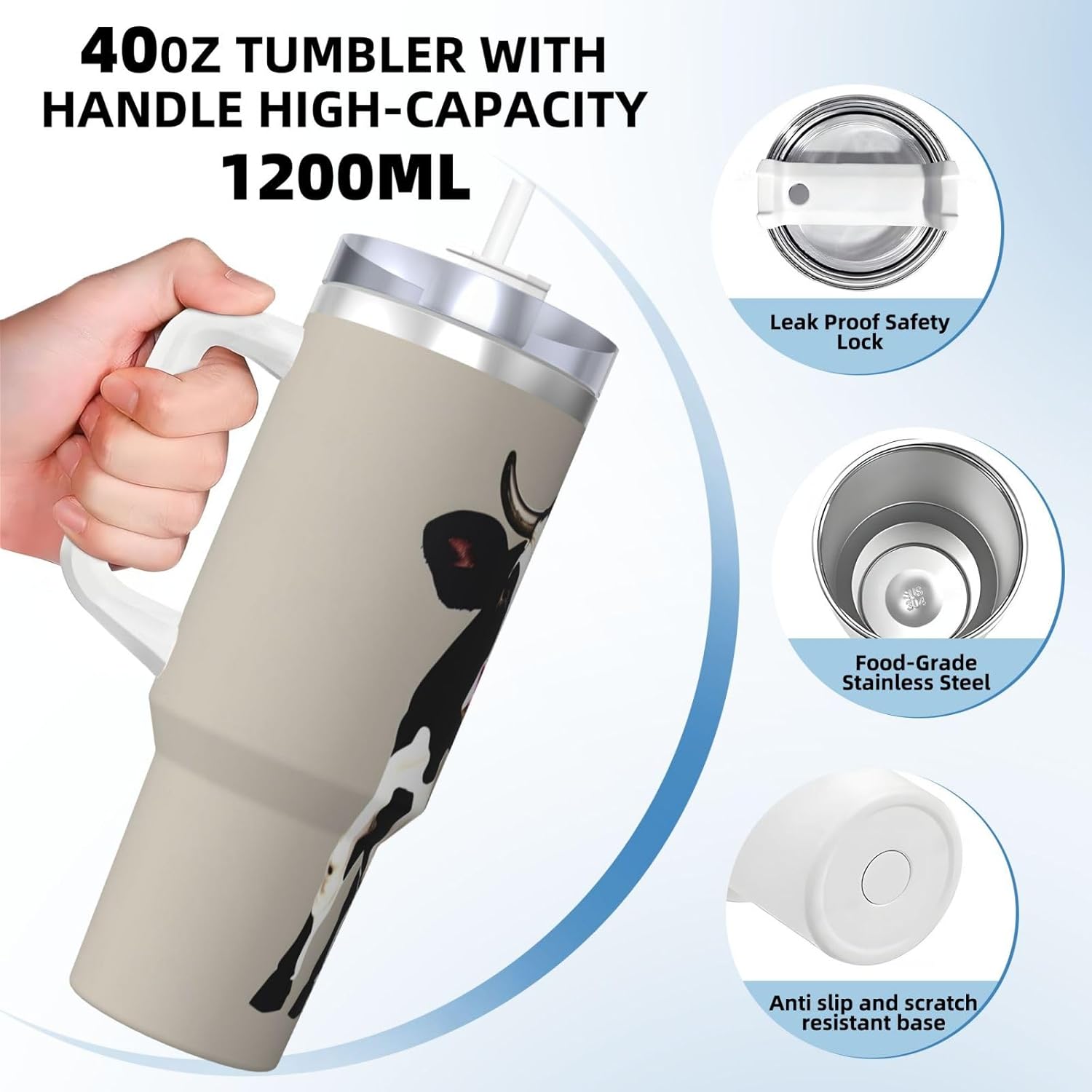 40 OZ Cow black spot Print Ice Bully Cup with Handle Straw Lid Straw,Stainless Steel Tumbler Coffee Cup